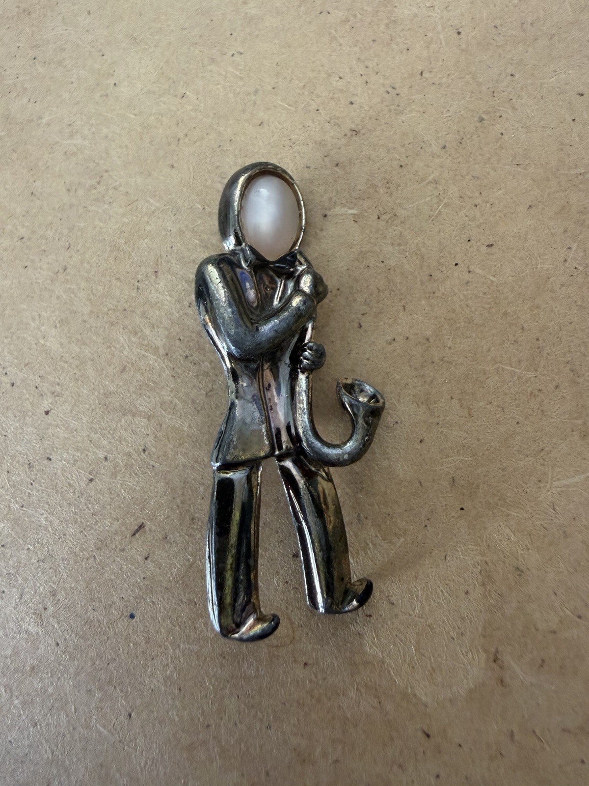 Vintage Silver Tone Musician Brooch Pink Cabochon Head Figural Pin 2″