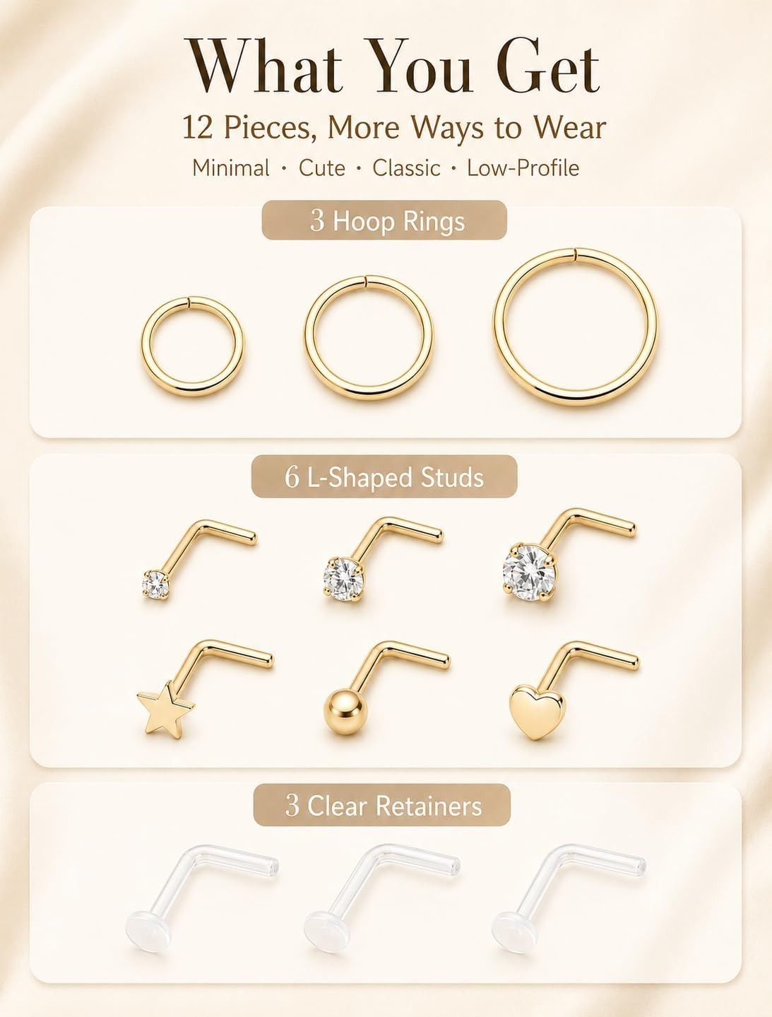 Fashion-Forward 12PC Gold Plated Nose Rings and Studs – Perfect for All Styles