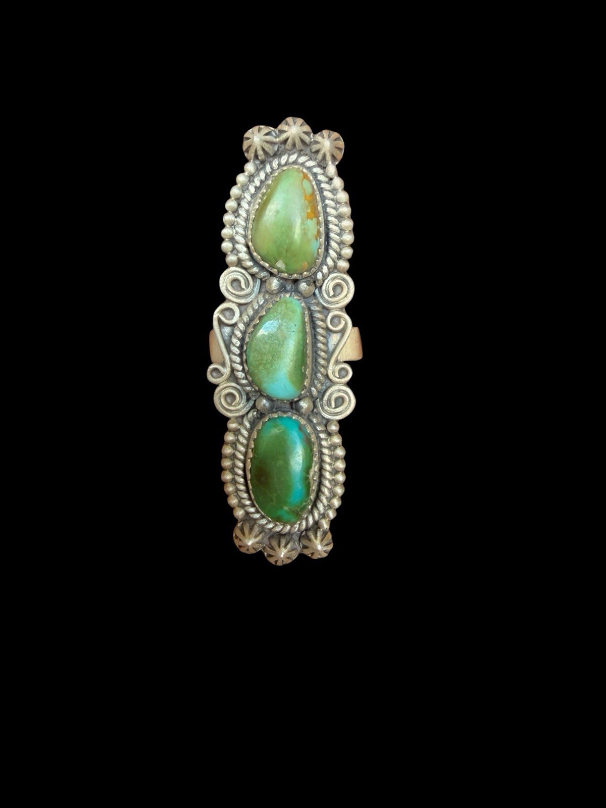 Beautiful Southwest Sterling Silver Triple Green Turquoise Ring See Description