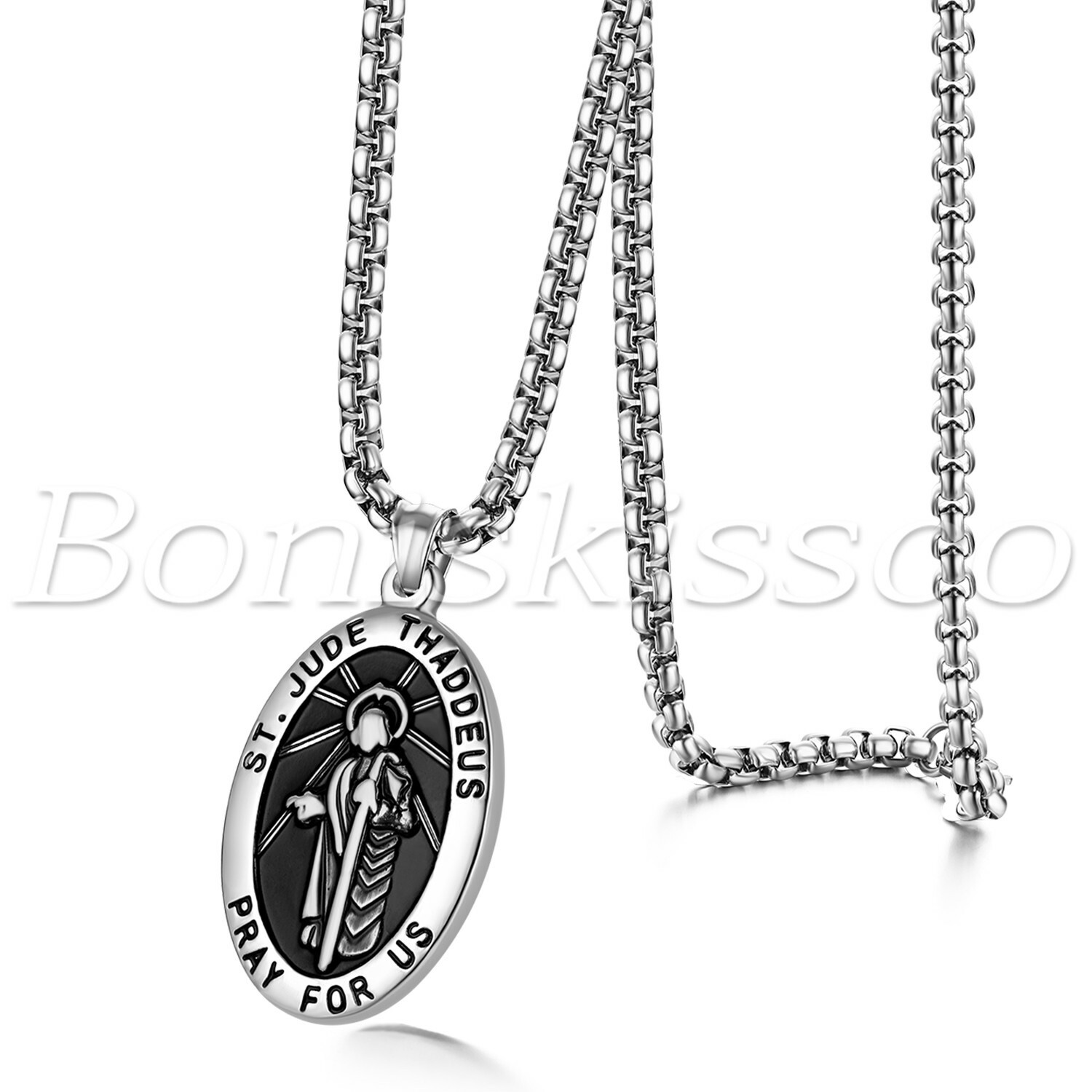 Men’s Unisex Stainless Steel St Jude Thaddeus Jesus Oval Pendant Necklace Chain