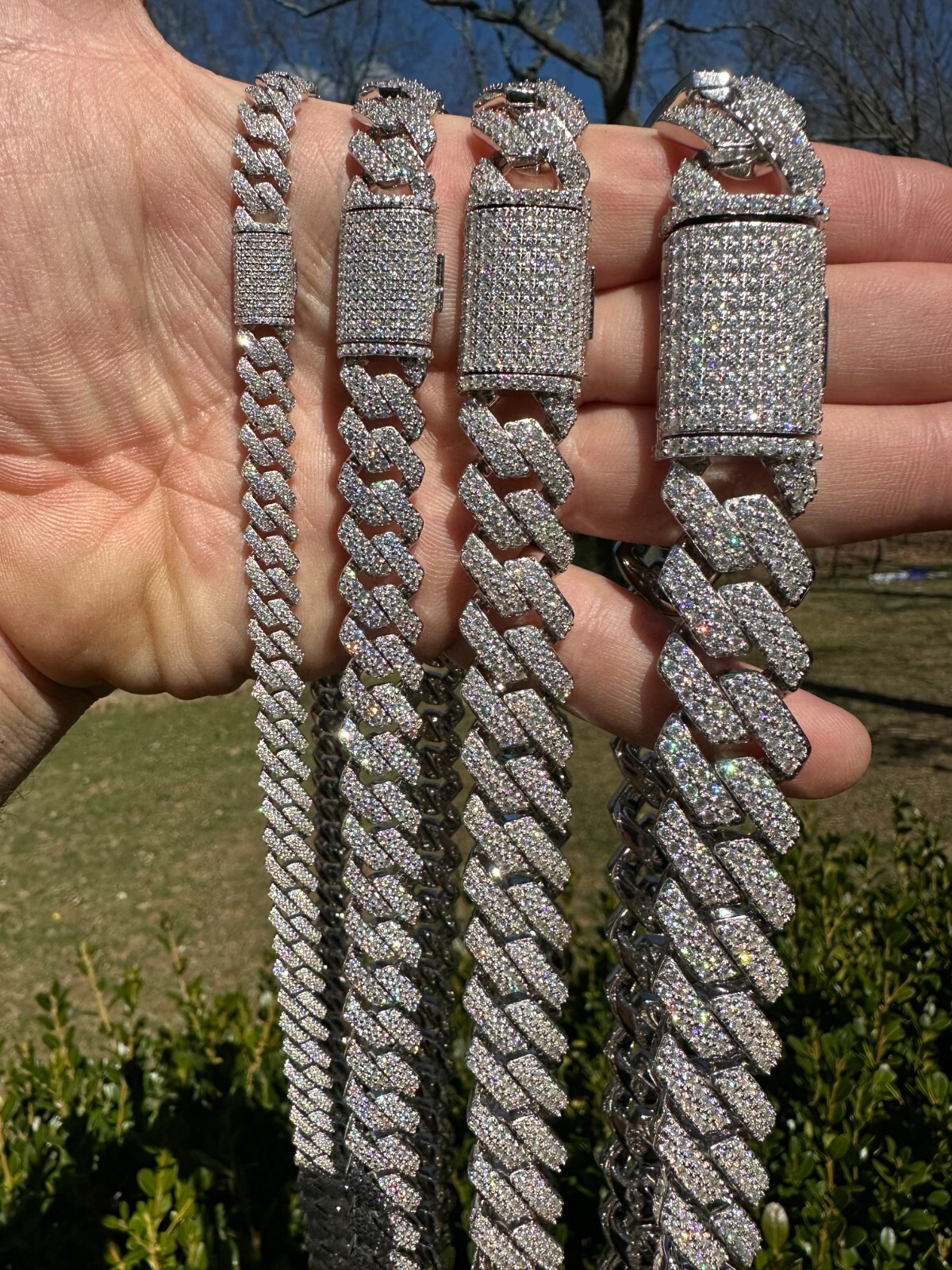MOISSANITE Real Miami Cuban Link Prong Chain Iced Hip Hop 925 Silver Necklace