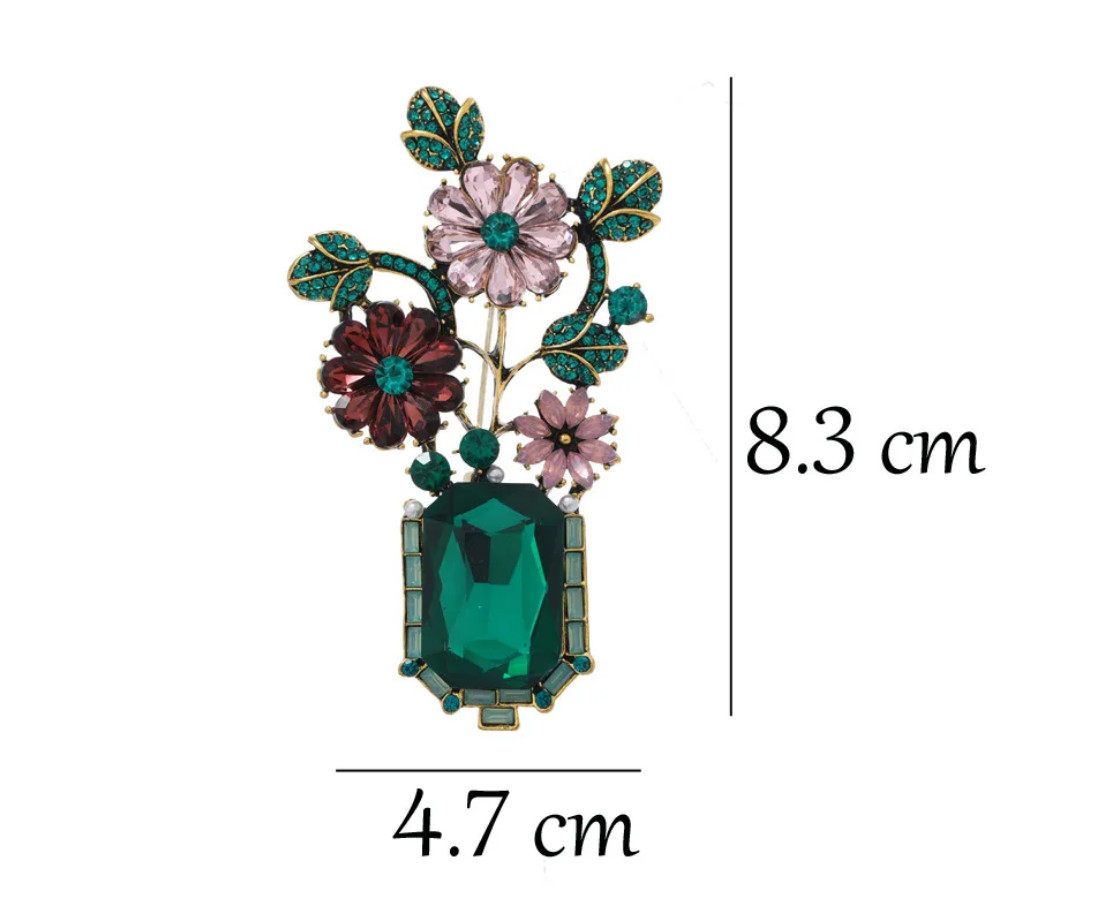 Large Vintage Crystal Rhinestone Flowers in A Green Vase Brooches Pins for Women