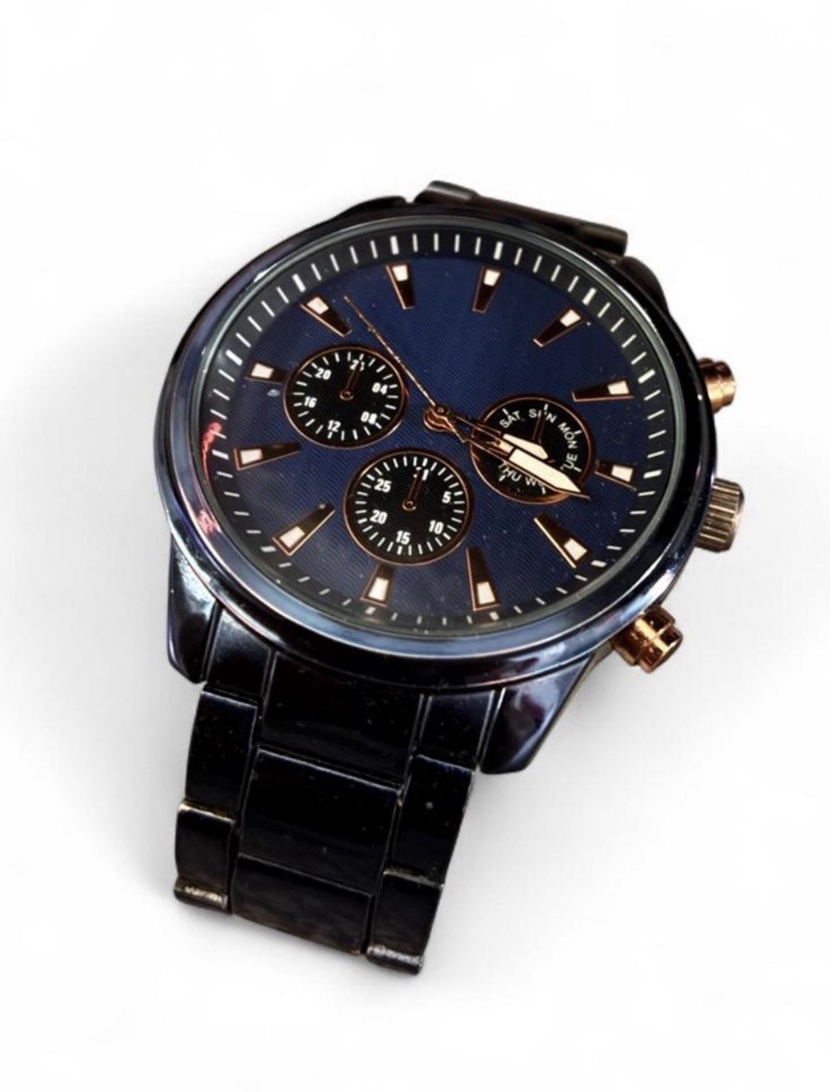 Analog Multi-Dial Day/Date Watch Black Metal Bracelet Round Case Stick Index