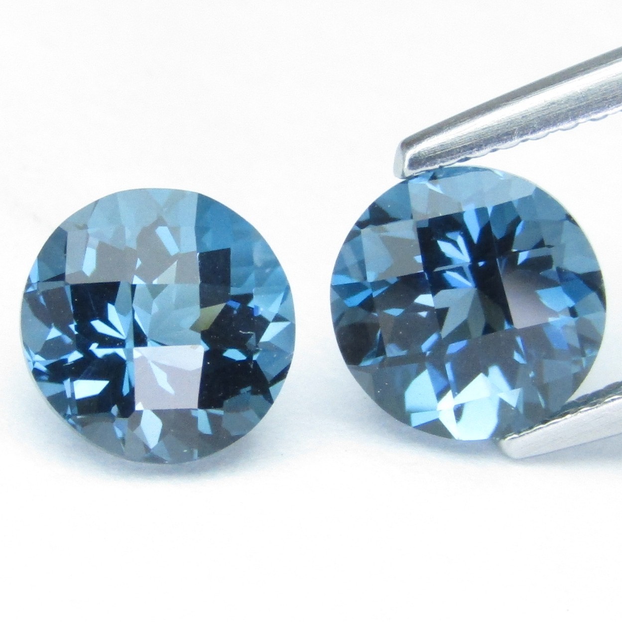 4.07Cts Natural London Blue Topaz 7.5mm Round Checker Cut Matching Pair Gemstone