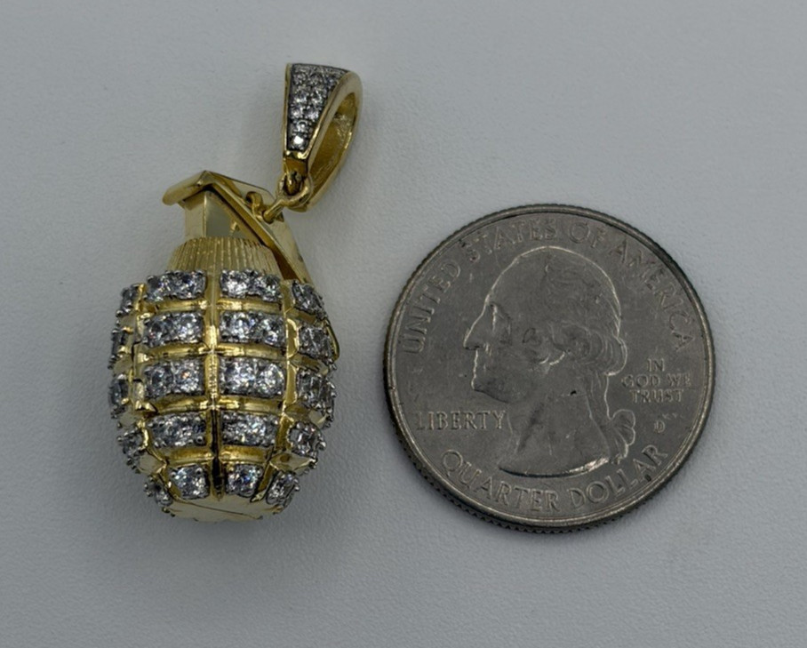 925 Sterling Silver Yellow Gold Tone CZ Hand Grenade Pendant Charm 1.5″ 11.44g
