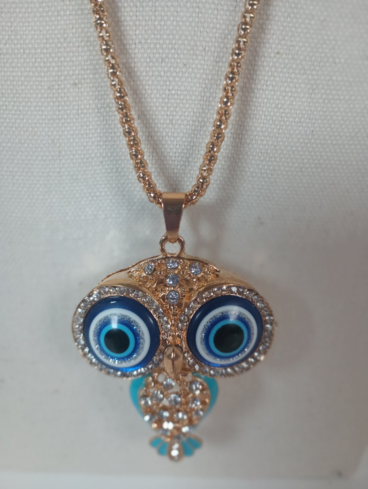 Betsey Johnson Gold Tone Owl Charm Pendant Necklace With Blue Eyes