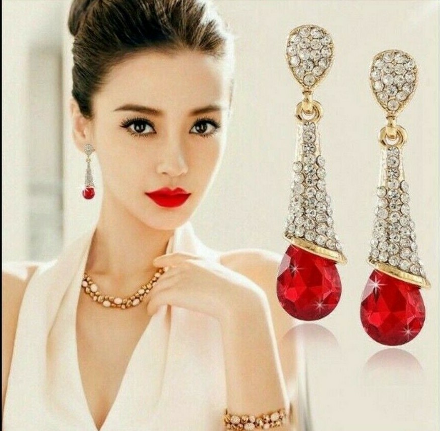 Fashion Women Water Drop Chandelier Rhinestone Full Zircon Earrings Ear Stud