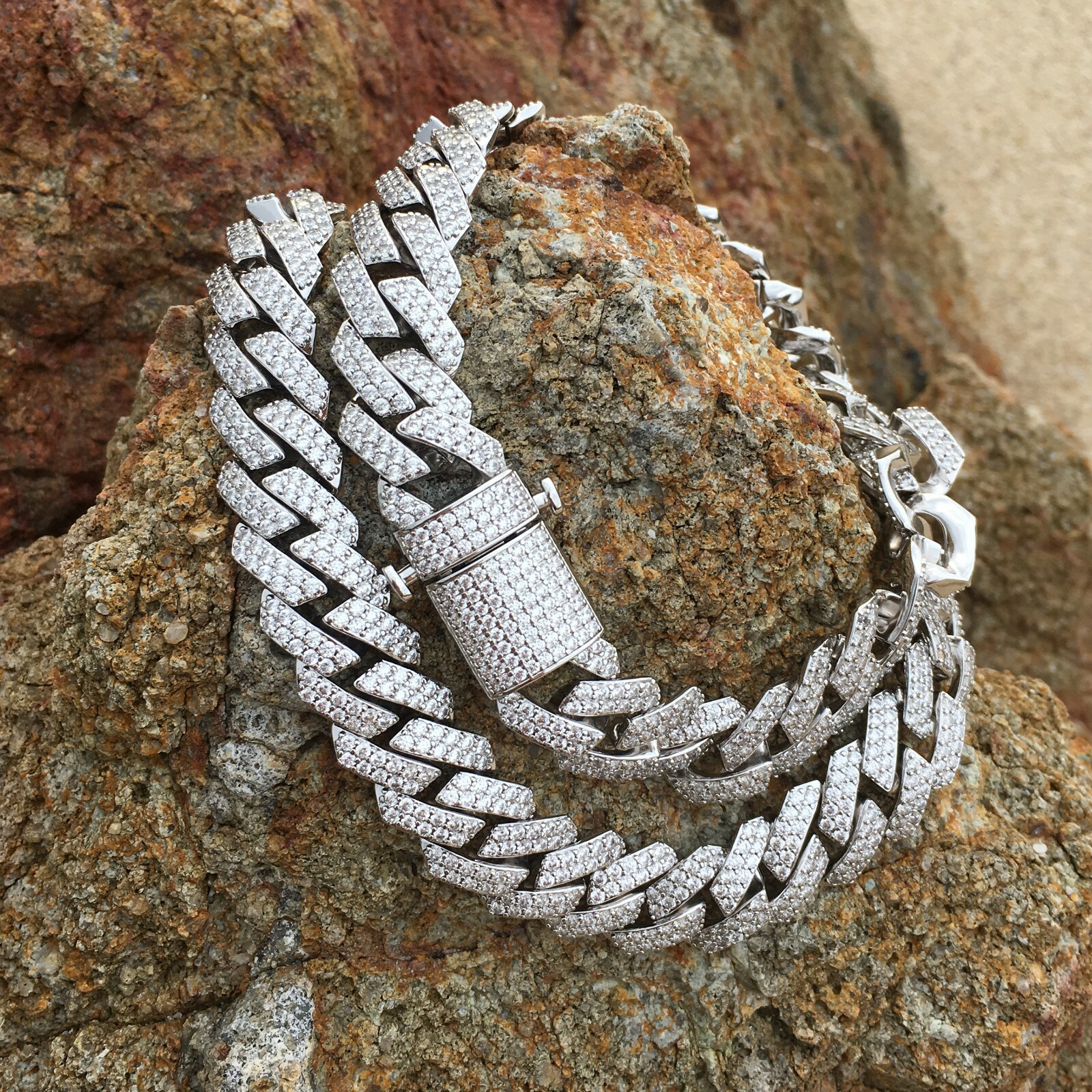 White Gold Plated Full Iced CZ Out Stainless Steel Mens Cuban Link Chain 15MM