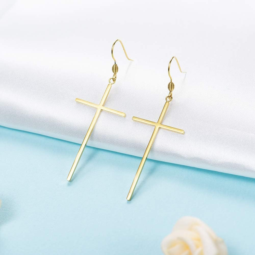 Hypoallergenic Stainless Steel Cross Earrings Long Dangle Minimalist Jewelry for