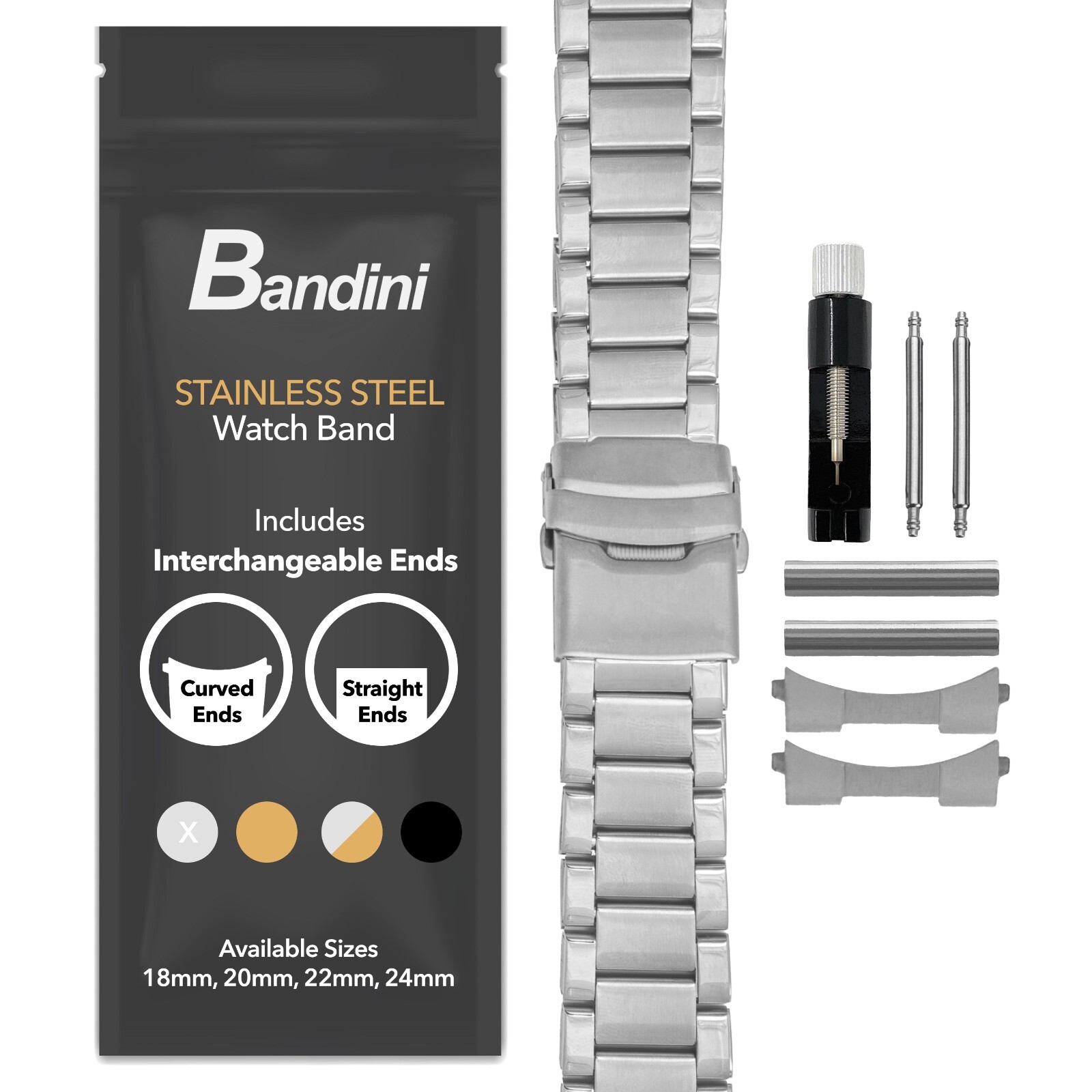 Bandini Curved End Metal Stainless Steel Watch Band Strap Bracelet 18 20 22mm 24