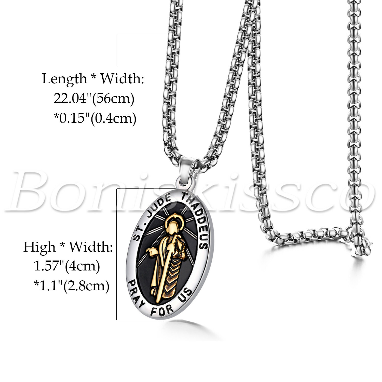 Men’s Unisex Stainless Steel St Jude Thaddeus Jesus Oval Pendant Necklace Chain