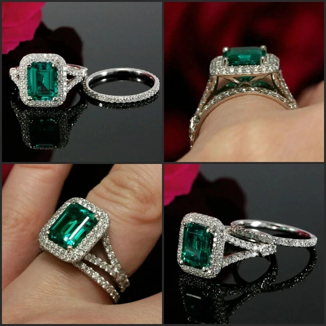 3Ct Emerald Cut Lab-Created Emerald Halo Engagement Ring 14K White Gold Plated