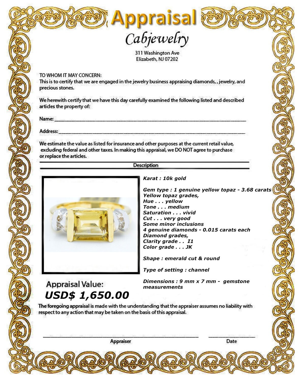 GENUINE 3.68 Cts YELLOW TOPAZ & DIAMONDS RING 10K GOLD – Free Certificate – NWT