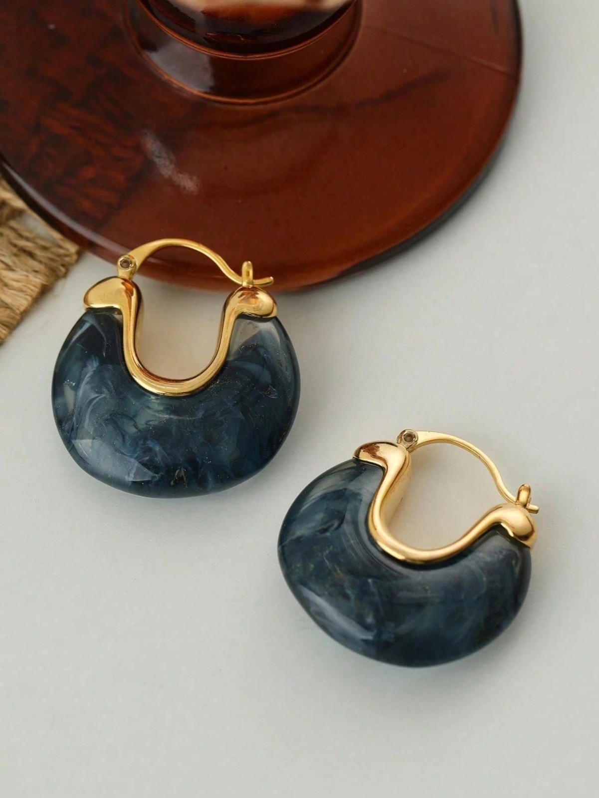 Gold Tone Marbled Wide Hoop Earrings Women Fashion Jewelry Gift Set Style Dangle