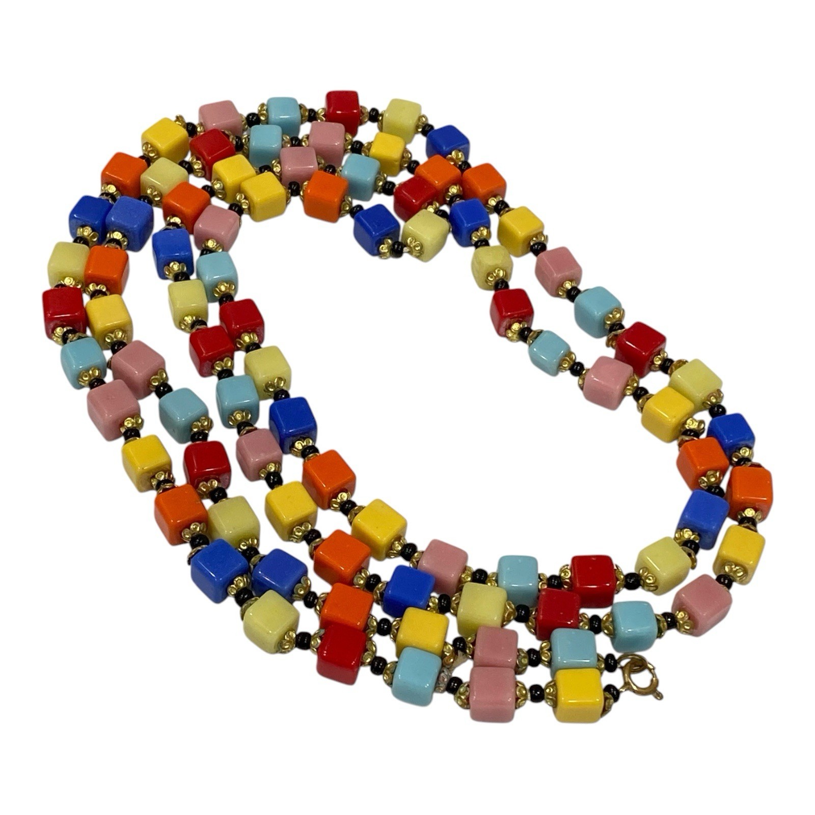 Vtg 1930s Czech Harlequin Glass Cube Bead Flapper Rope Necklace Art Deco 49″