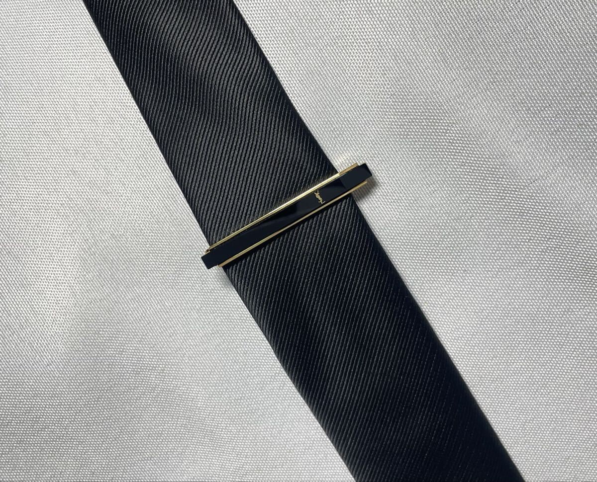 Excellent Condition YVES SAINT LAURENT YSL Logo Black Stone Gold Cufflinks Tie P