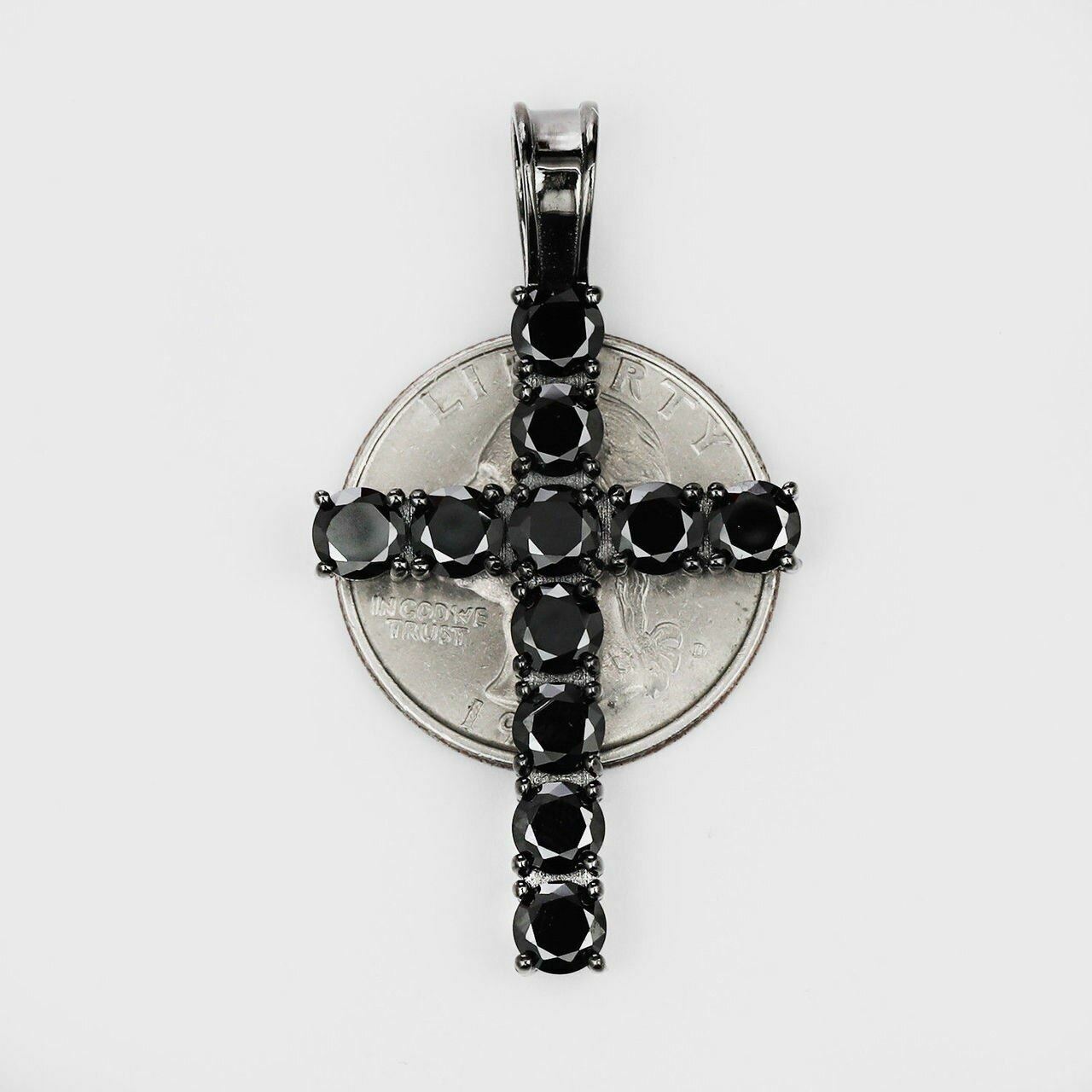 Tennis Chain W. Cross Solid Real 925 Sterling Silver 4mm Black CZ 1 Row