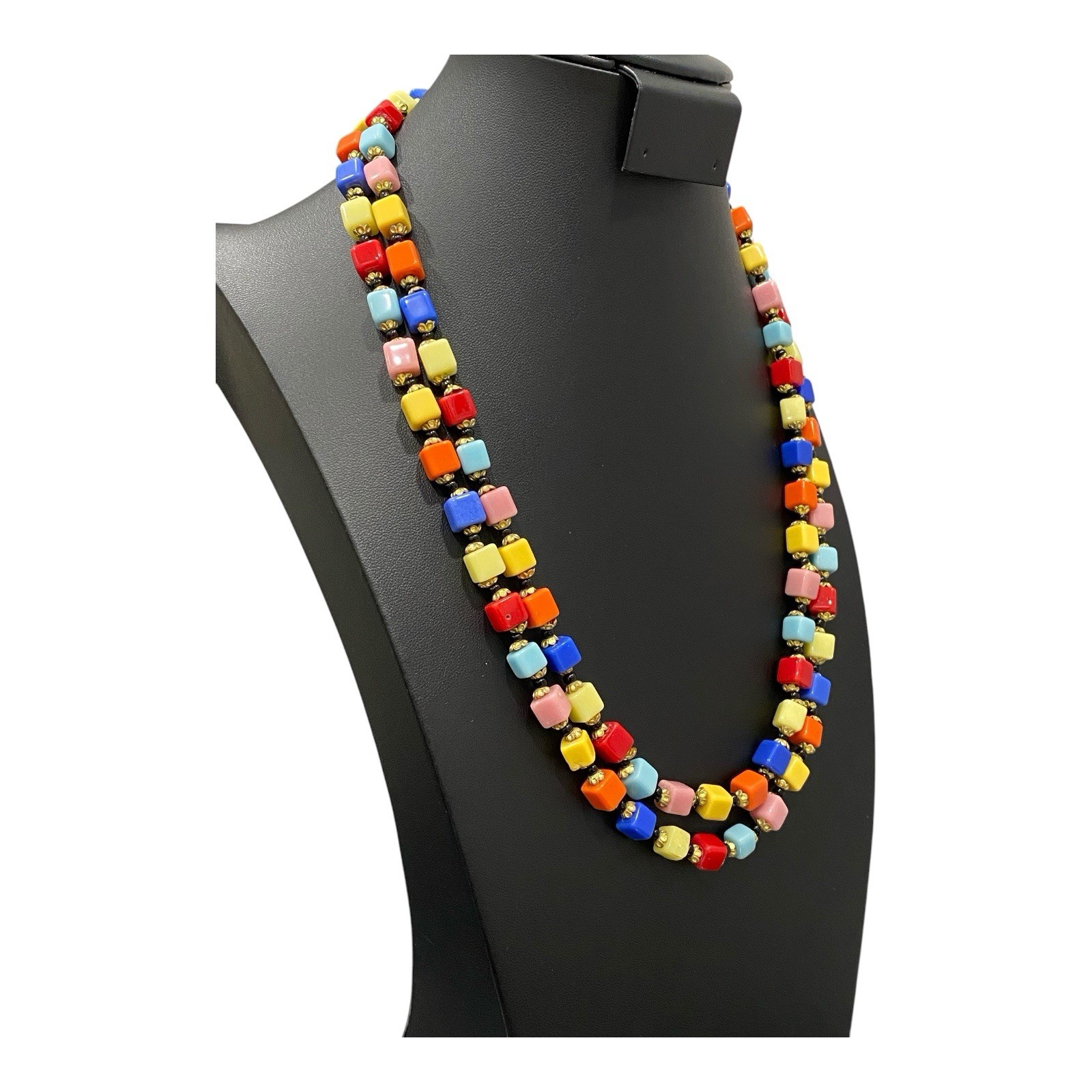 Vtg 1930s Czech Harlequin Glass Cube Bead Flapper Rope Necklace Art Deco 49″