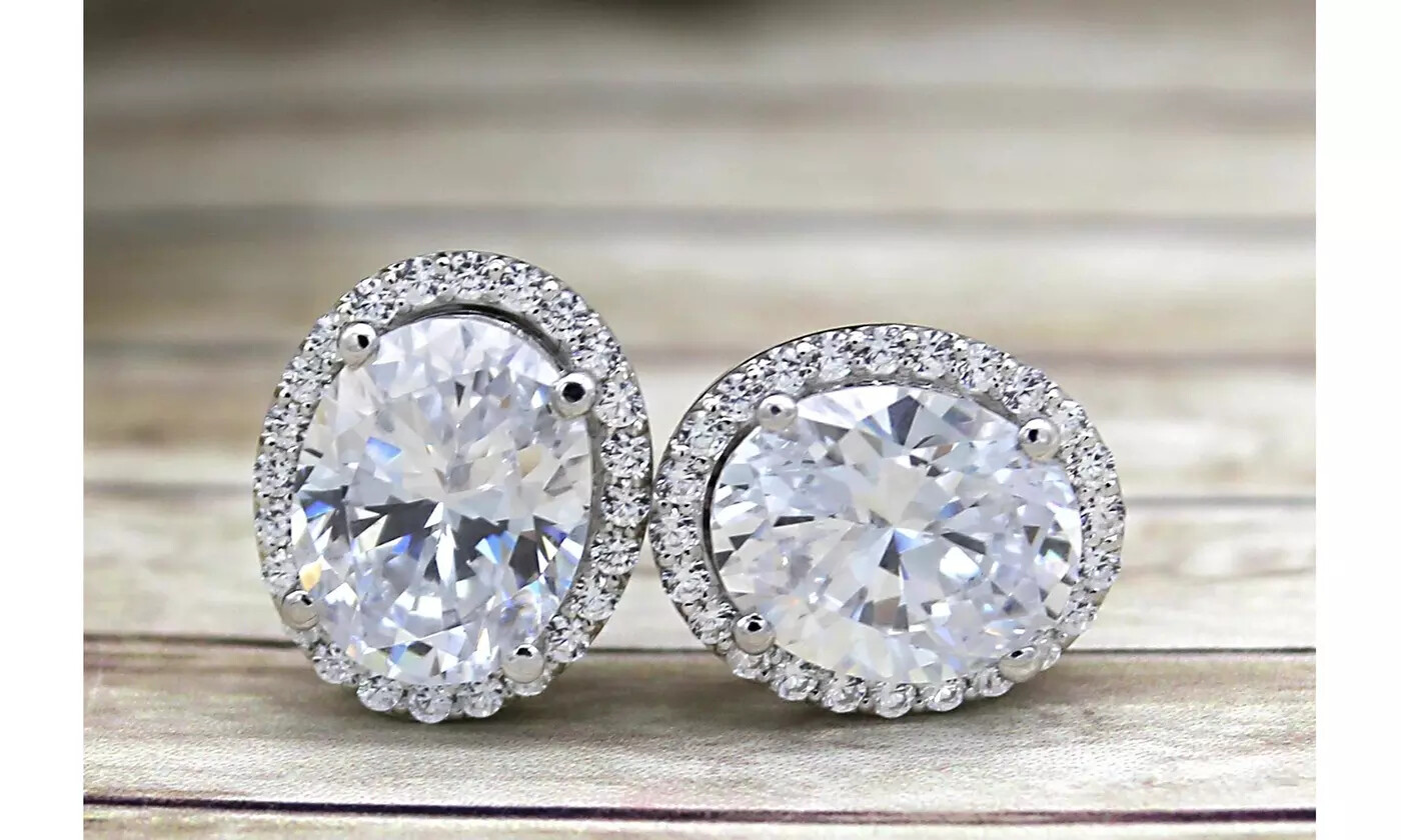 18k White Gold Plated Oval Cut Halo Stud Earrings Made With Swarovski Elements