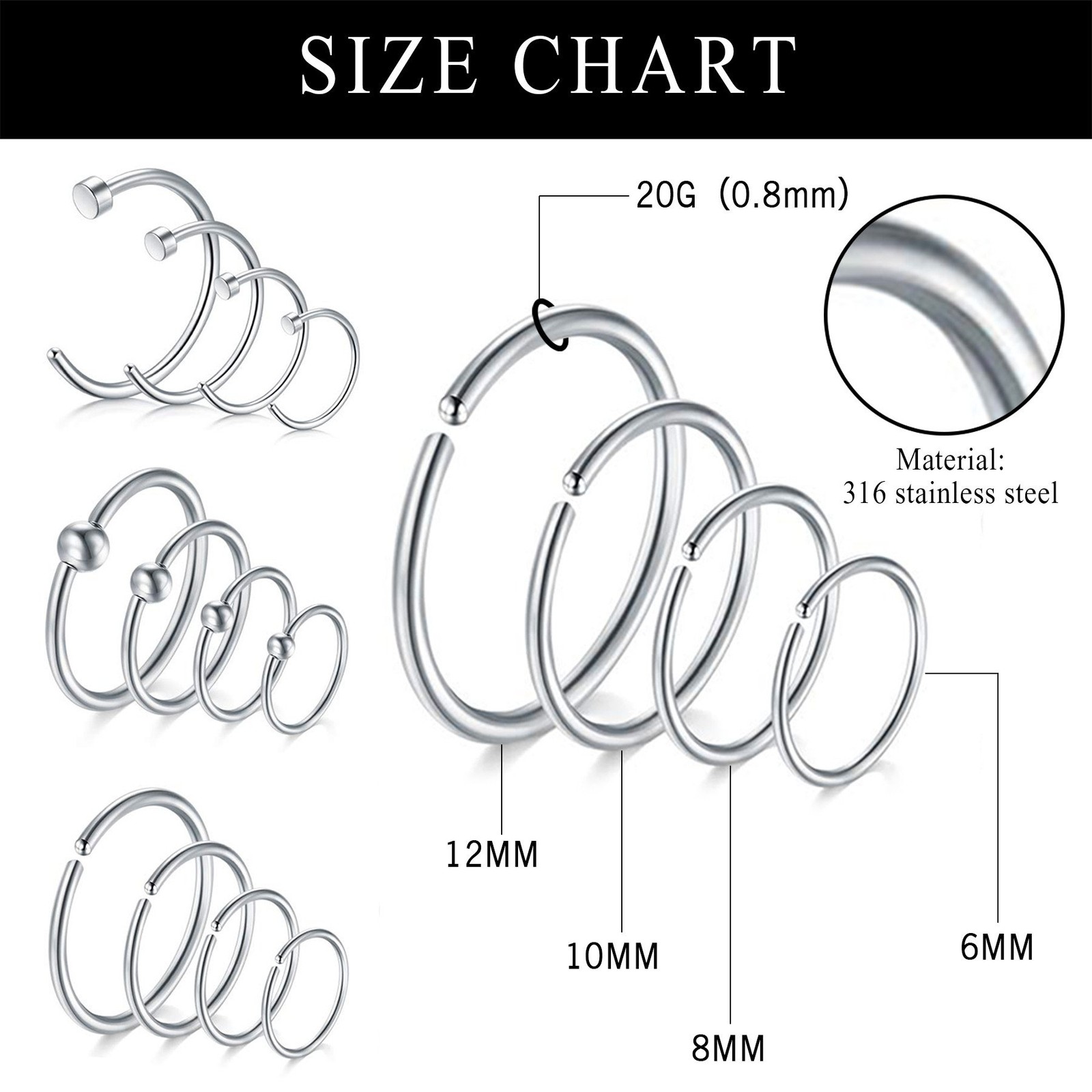 33-36PCS Stainless Steel CZ Nose Stud Nose Hoop Rings Stud Hoop Piercing Jewelry