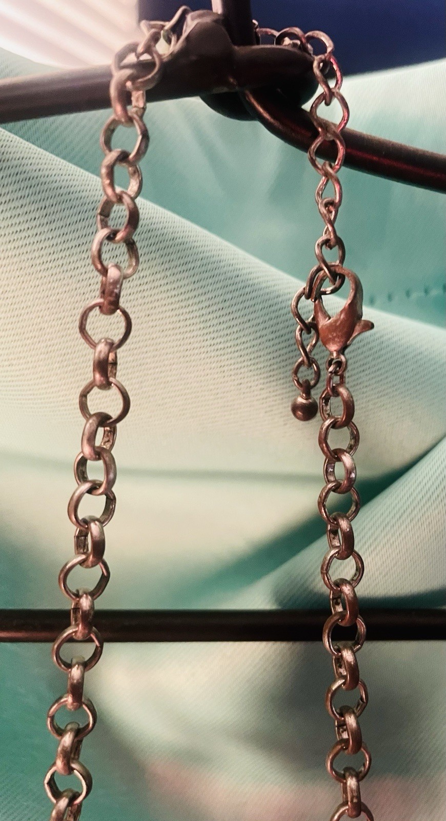 Rose Gold Tone Oval Link Chain Necklace with Pink Round Charm Dangles