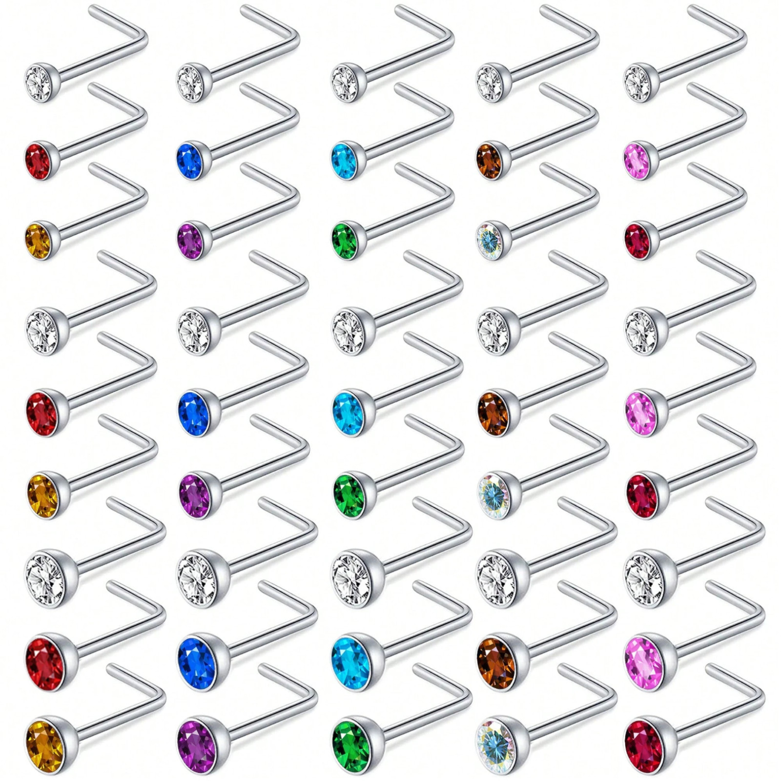 45pcs Stainless Steel Women Nose Rings 20g L-shaped Nose Studs Piercing Jewelry