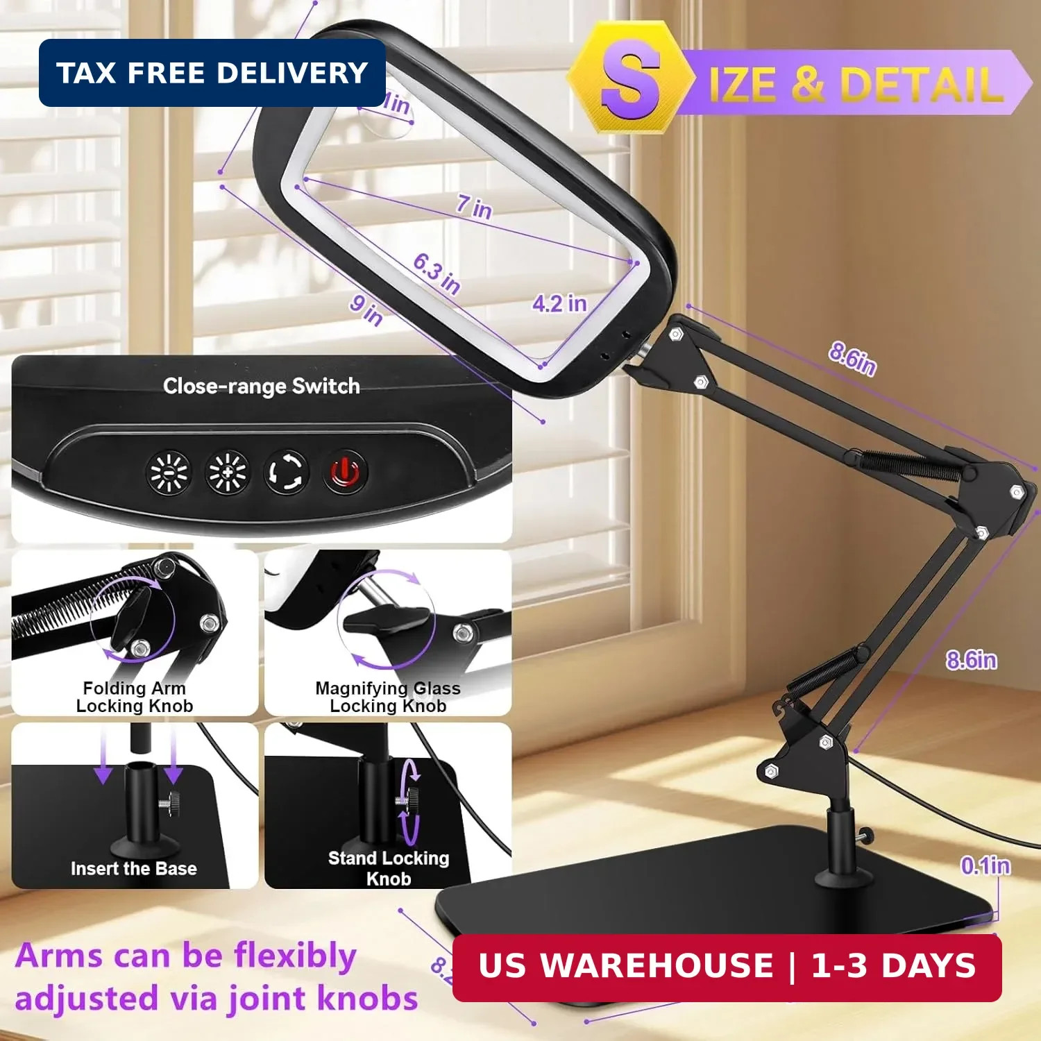 10X 30X Magnifying Glass with Light & Stand 7in LED Desk Lamp Reading Craft