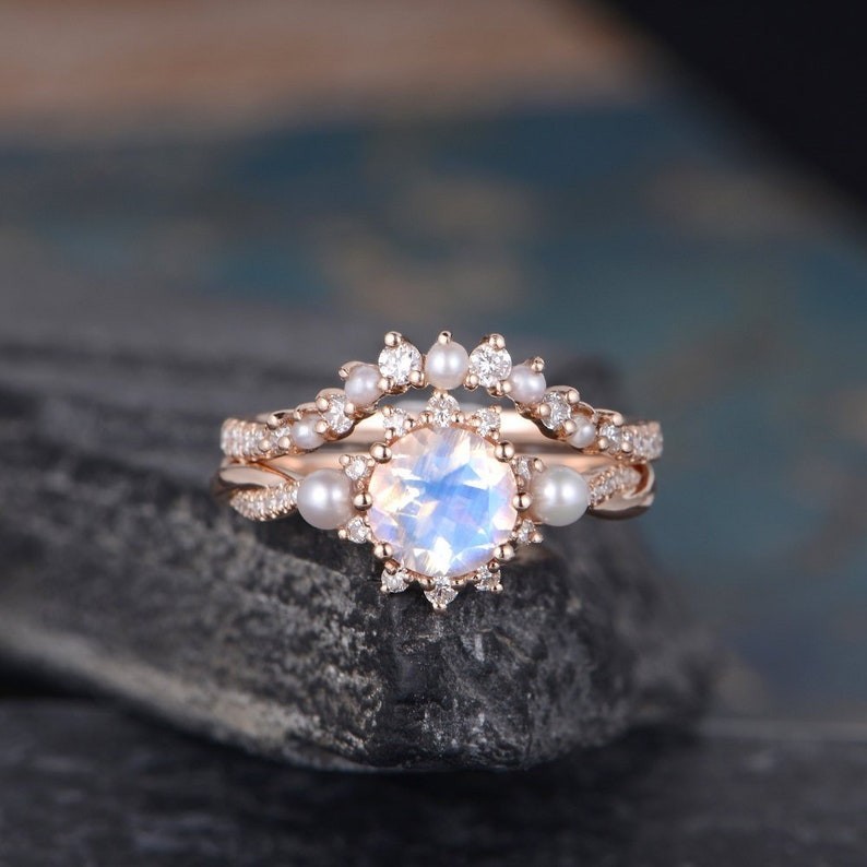 Natural Round Cut Moonstone & Pearls Rose Gold Plated Silver Engagement Ring Set
