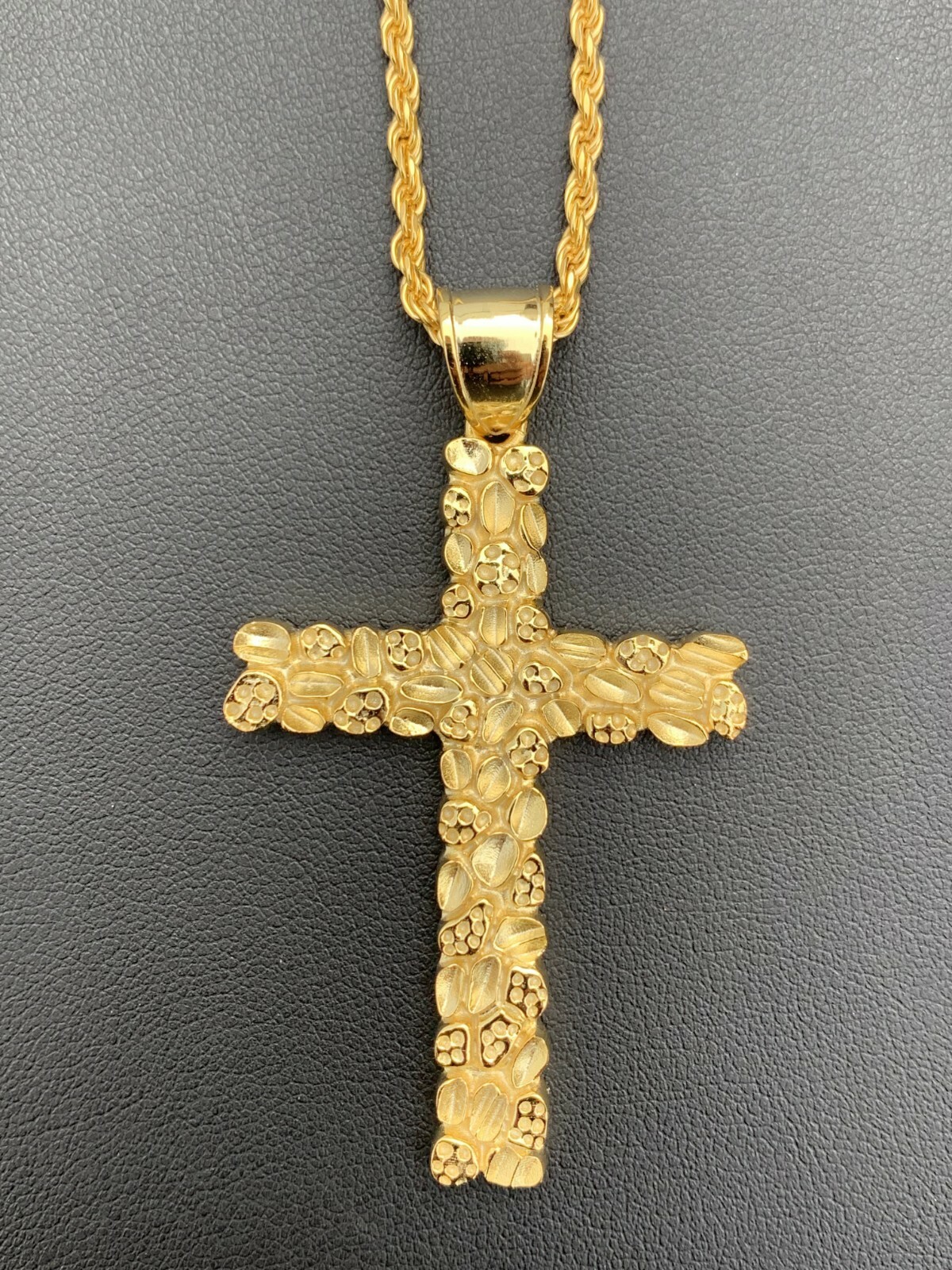 Mens Large Gold Nugget Cross 14k Gold Plated Solid 925 Silver Necklace Chain