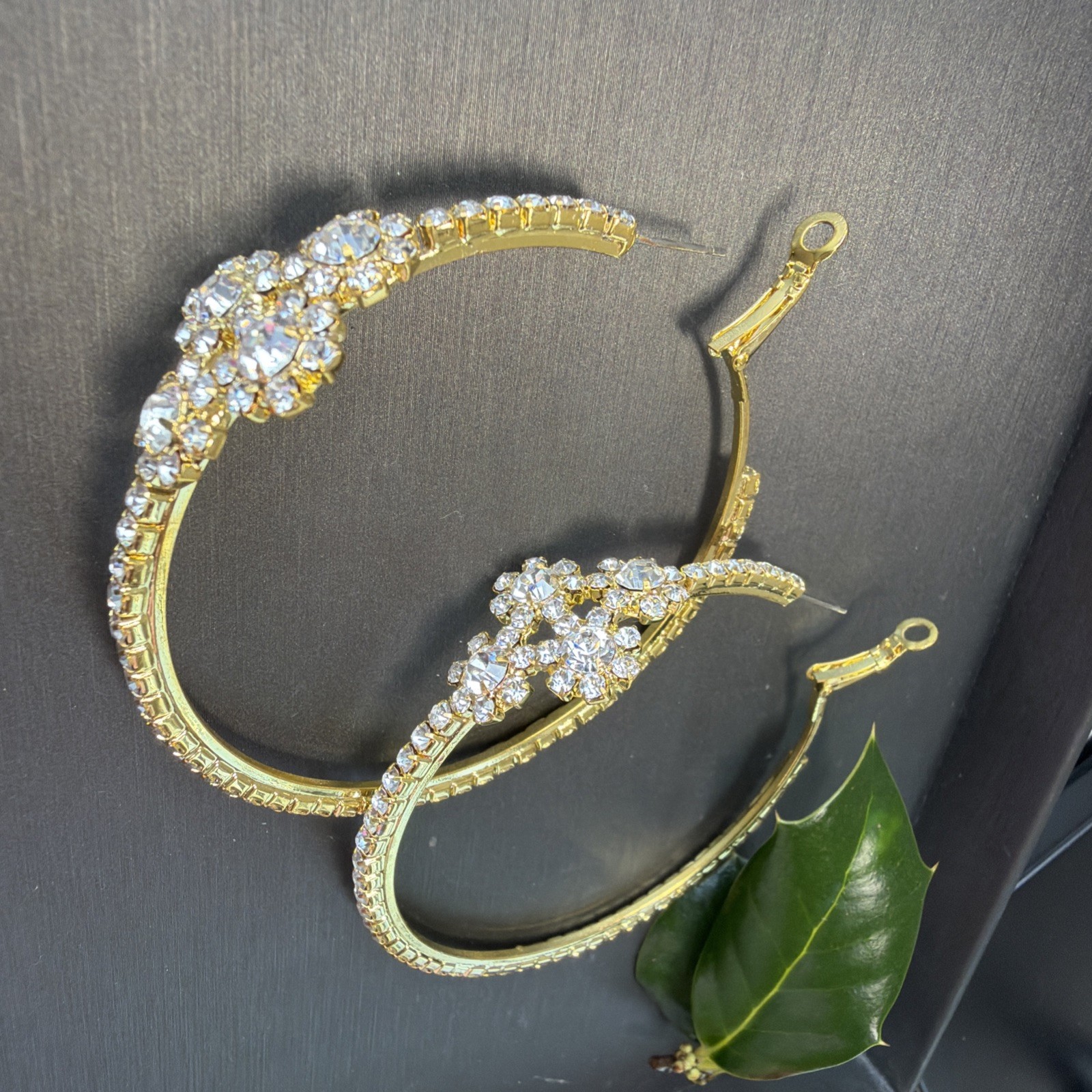Gold Tone Rhinestone Hoop Earrings Large Statement Floral Cluster 2.5” Glam