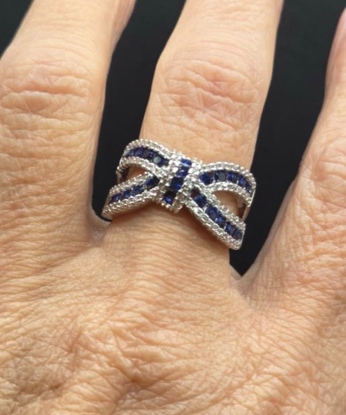 Blue Sapphire CZ Silver Tone Bow Knot Crossover Cocktail Statement Ring