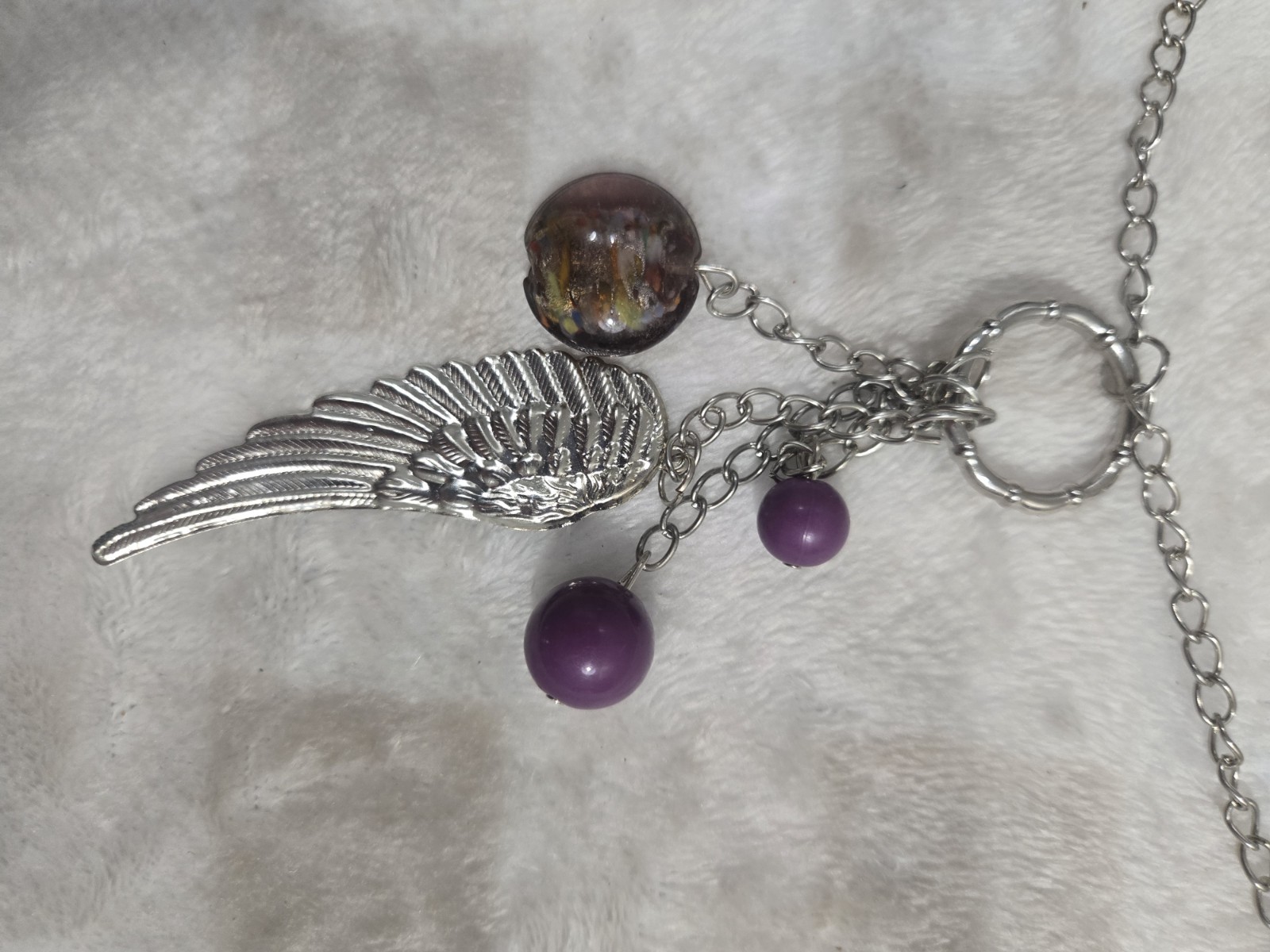 Paparazzi Silver Tone Angel Wing Charm Necklace with Purple Bead Dangles