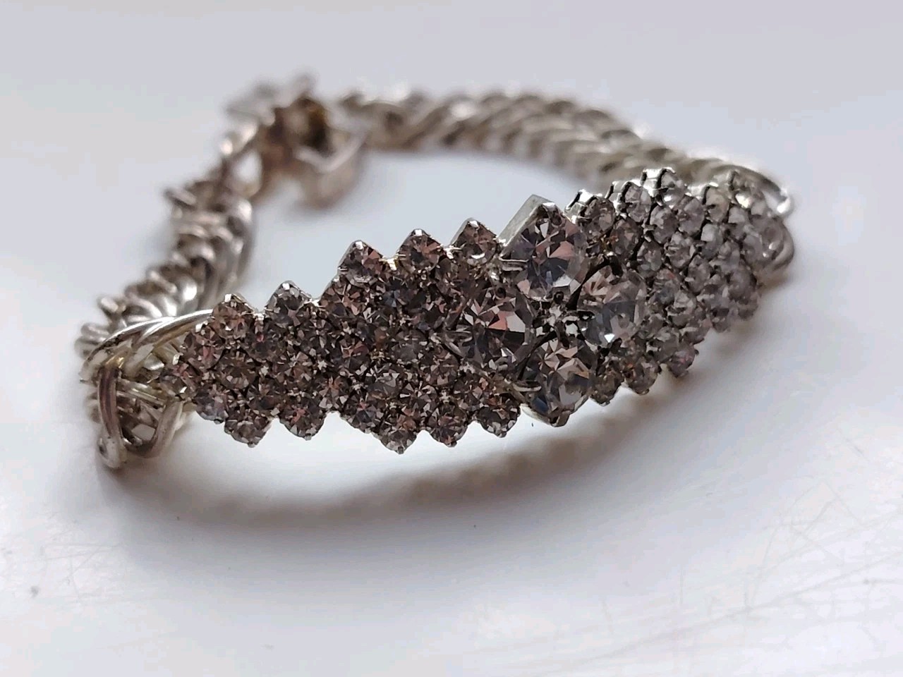 Vintage Riviera Rhinestone Bracelet Silver Tone Snap Clasp Foil Backed Glass