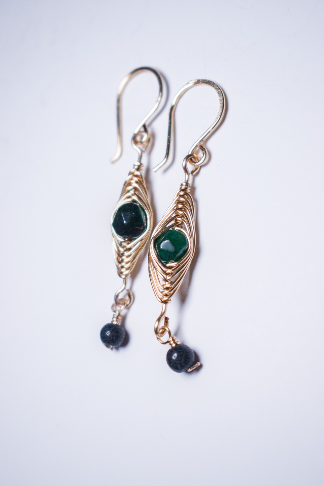 Gold Herringbone Earrings with Green & Black Beads