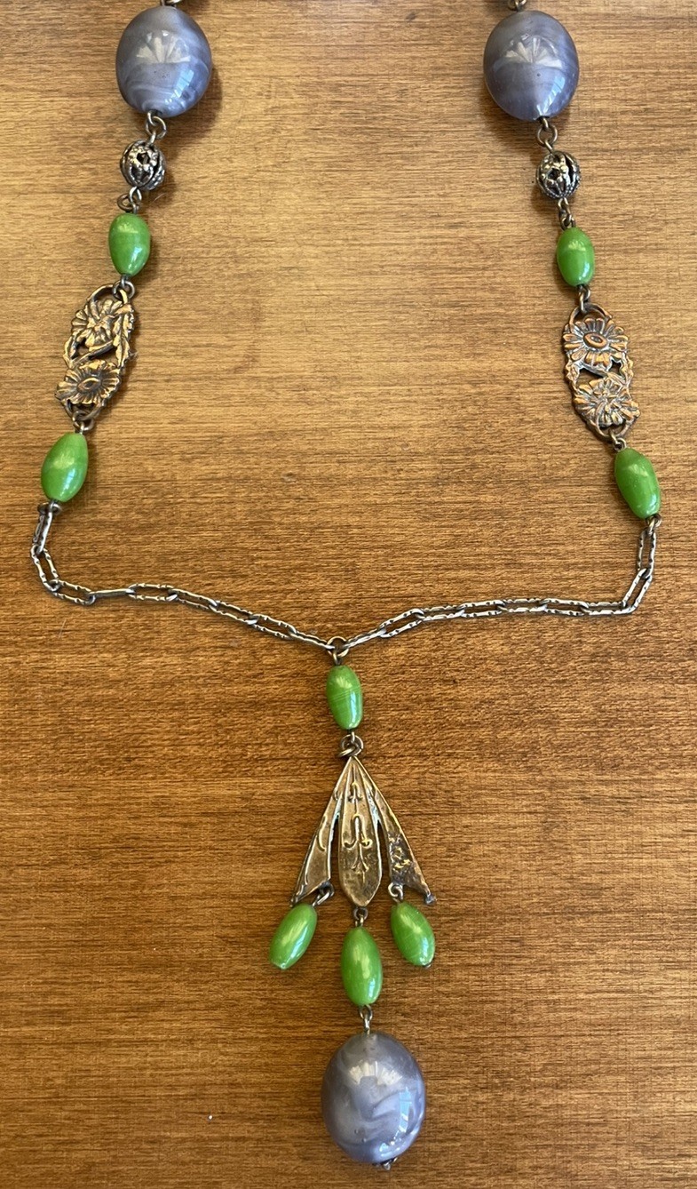Antique Art Deco Czech Green Glass Beads Lavalier Flapper Necklace Roaring 20s