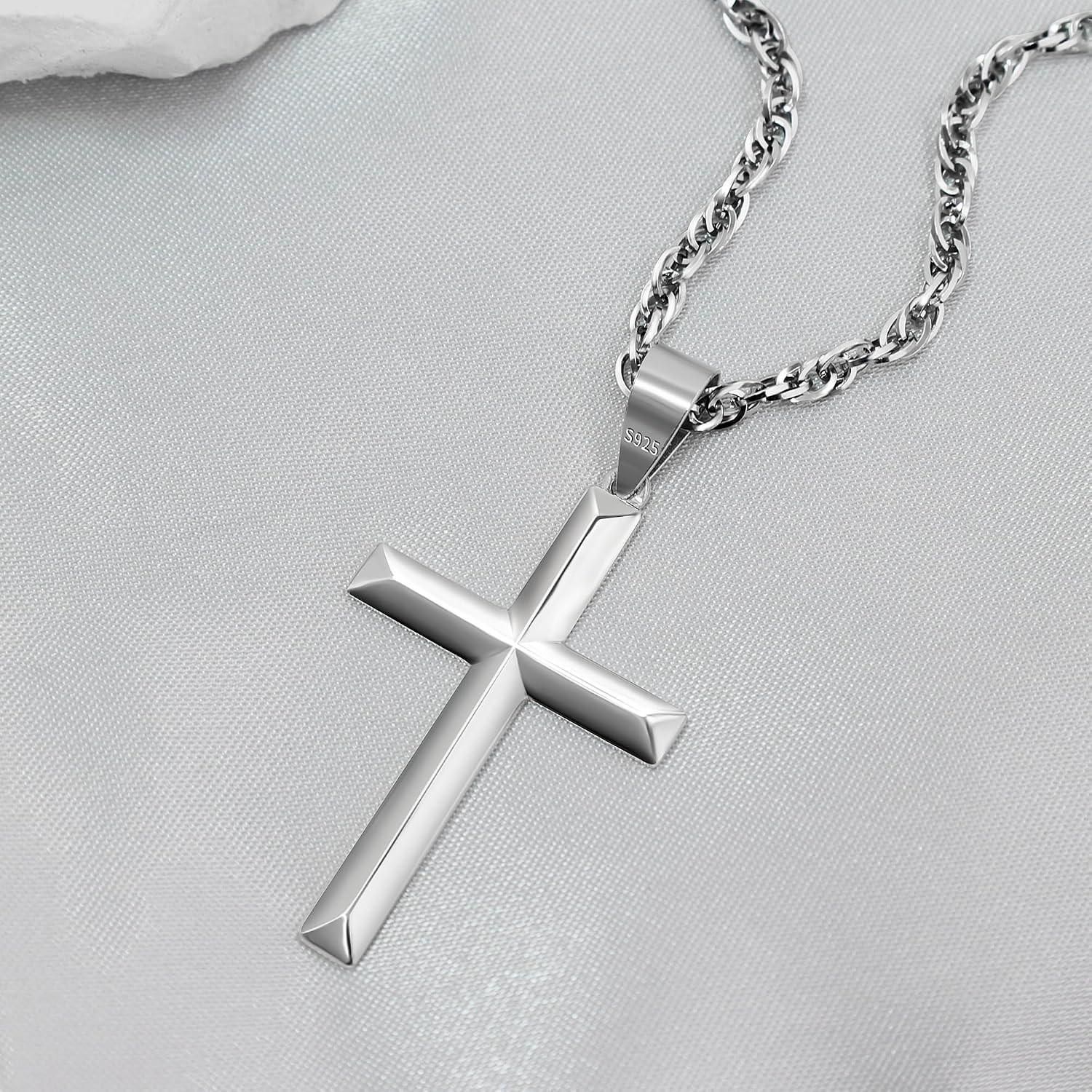 925 Sterling Silver Cross Necklace Beveled Edge for Men Women 3Mm Stainless Stee