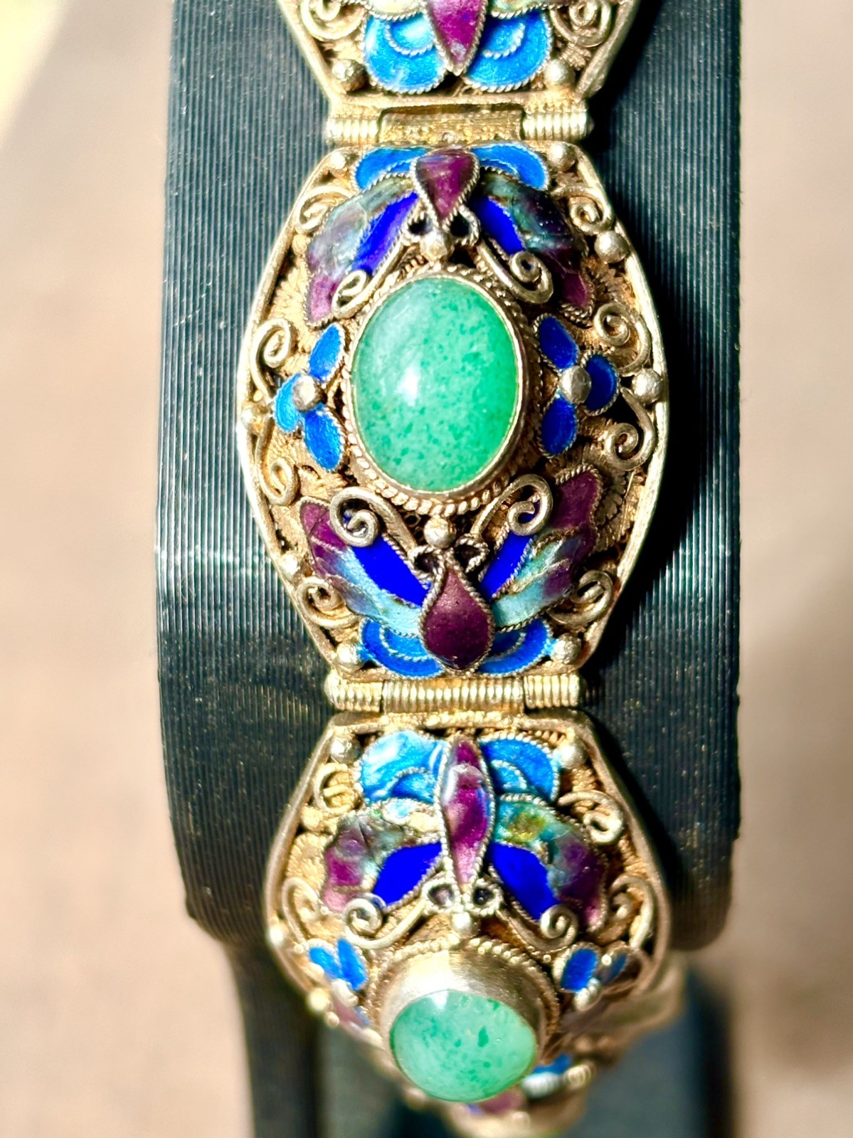 Antique Chinese Export 900 Silver Jade Enamel Gold Gilt Bracelet 1920’s-40’s 7”