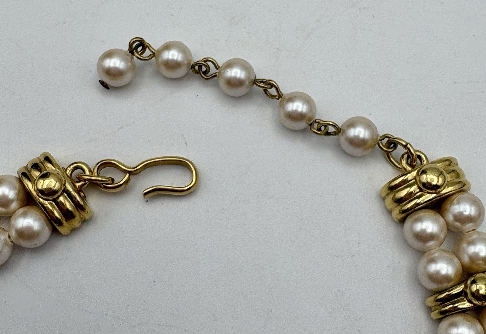 Monet Signed Double Strand Faux Pearl Gold Tone Choker Necklace Hook Clasp