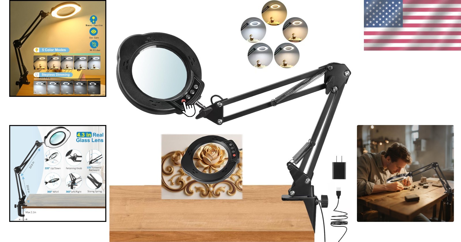 12X Magnifying Glass with Light and Stand, Upgrade Real Glass Magnifying lamp, 5