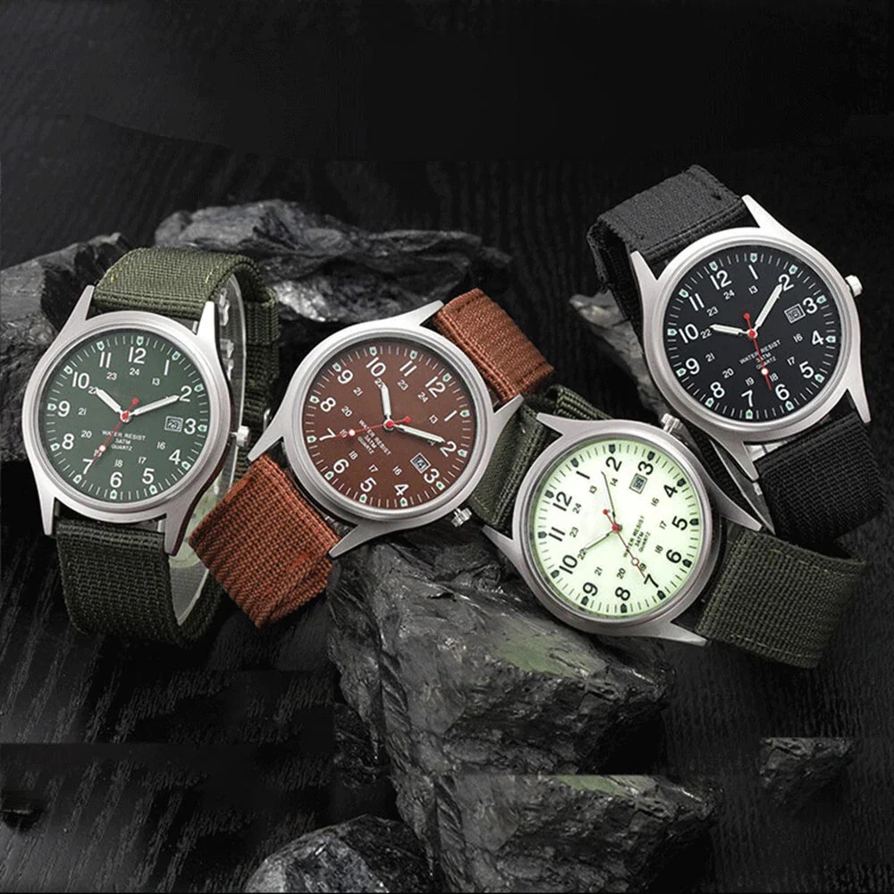 Men Army Luminous Quartz Watch Nylon Strap Date 24H Wrist Watch