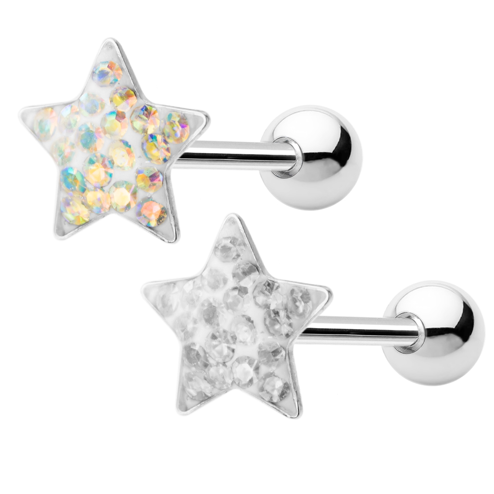 Tongue Piercing Barbell – Sold as a Pair! – Star Ferido-Set CZ Gems – 14ga 316L