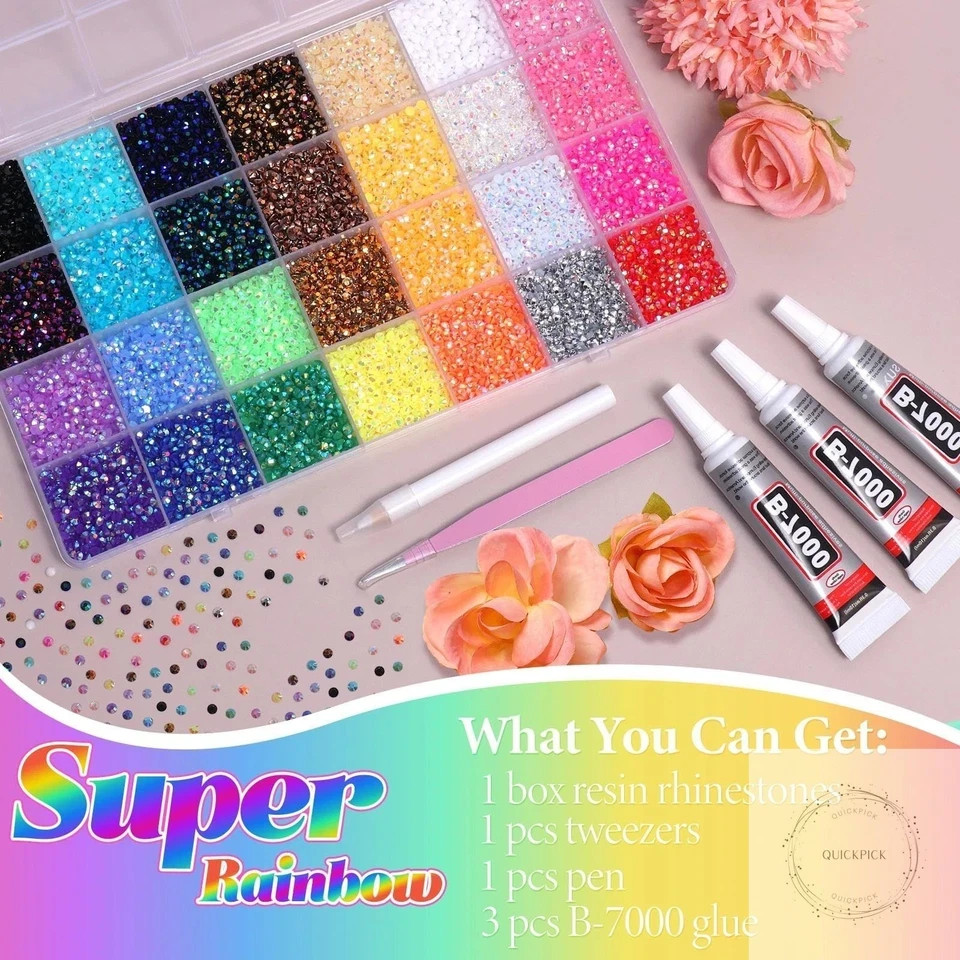 32000Pcs Rhinestones Bedazzling Kit with Tools, 3mm Color Resin Rhinestones for