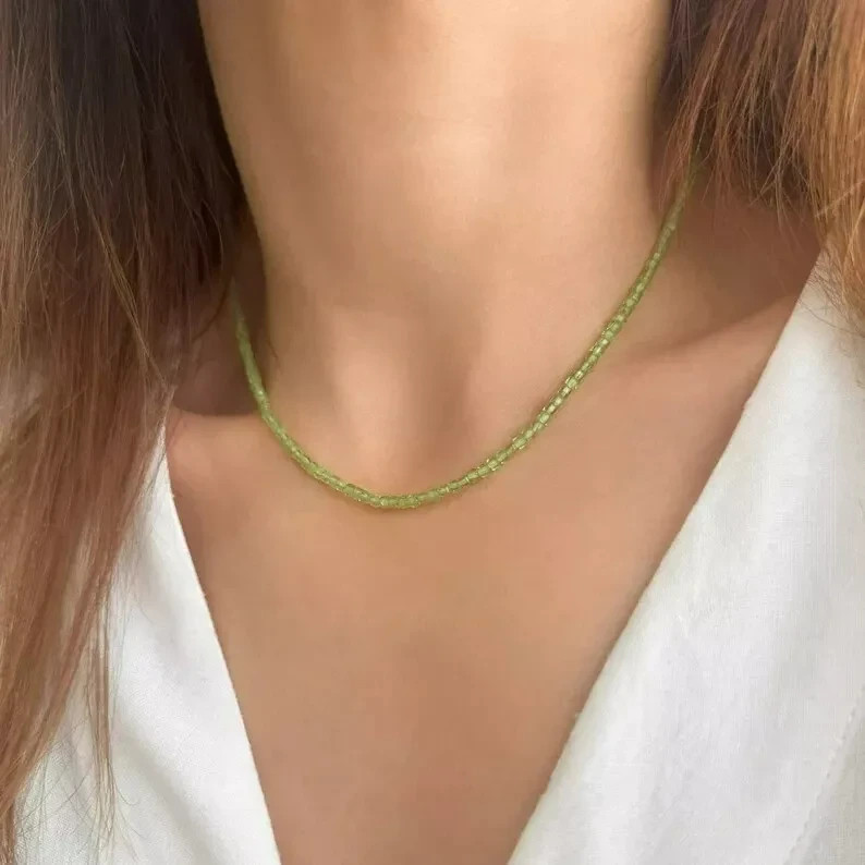 Delicate Peridot 2mm Faceted Rondelle Gemstone Beaded Healing Choker Necklace