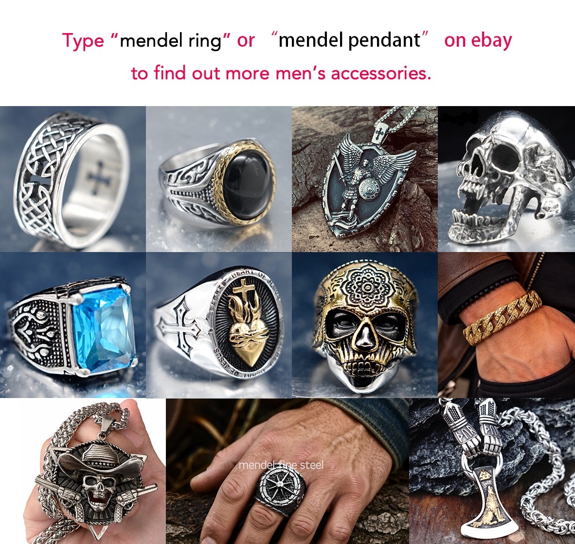 MENDEL 7 Inch Stainless Steel Mens Biker Skull Skeleton Cuff Bangle Bracelet Men