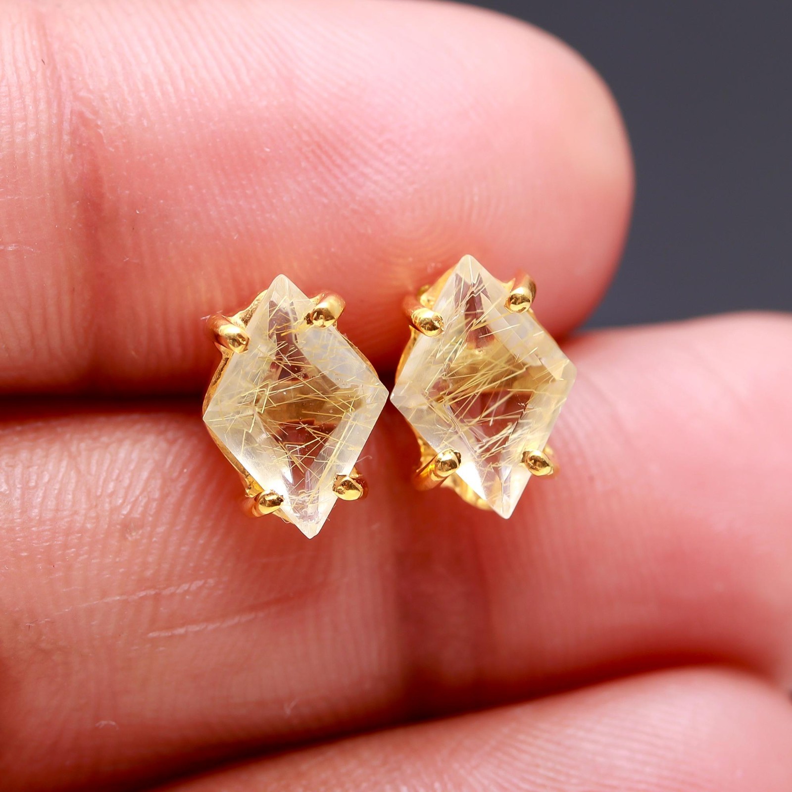 Natural Golden Rutile Kite Stud Earrings Gold Fill 925 Sterling Silver Jewelry
