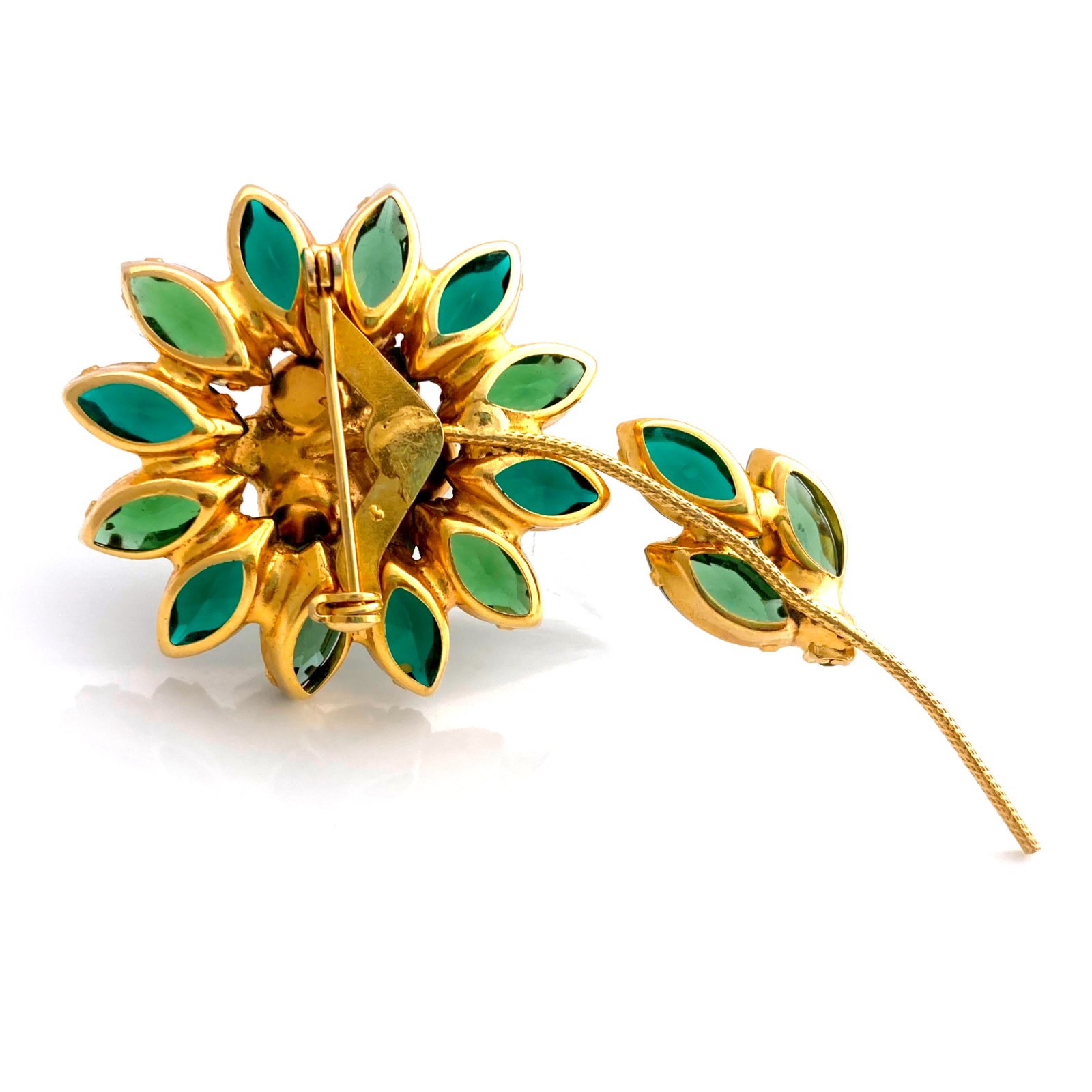 Vintage 1960s Unsigned Flower Blossom Green Rhinestone Floral Figural Brooch Pin