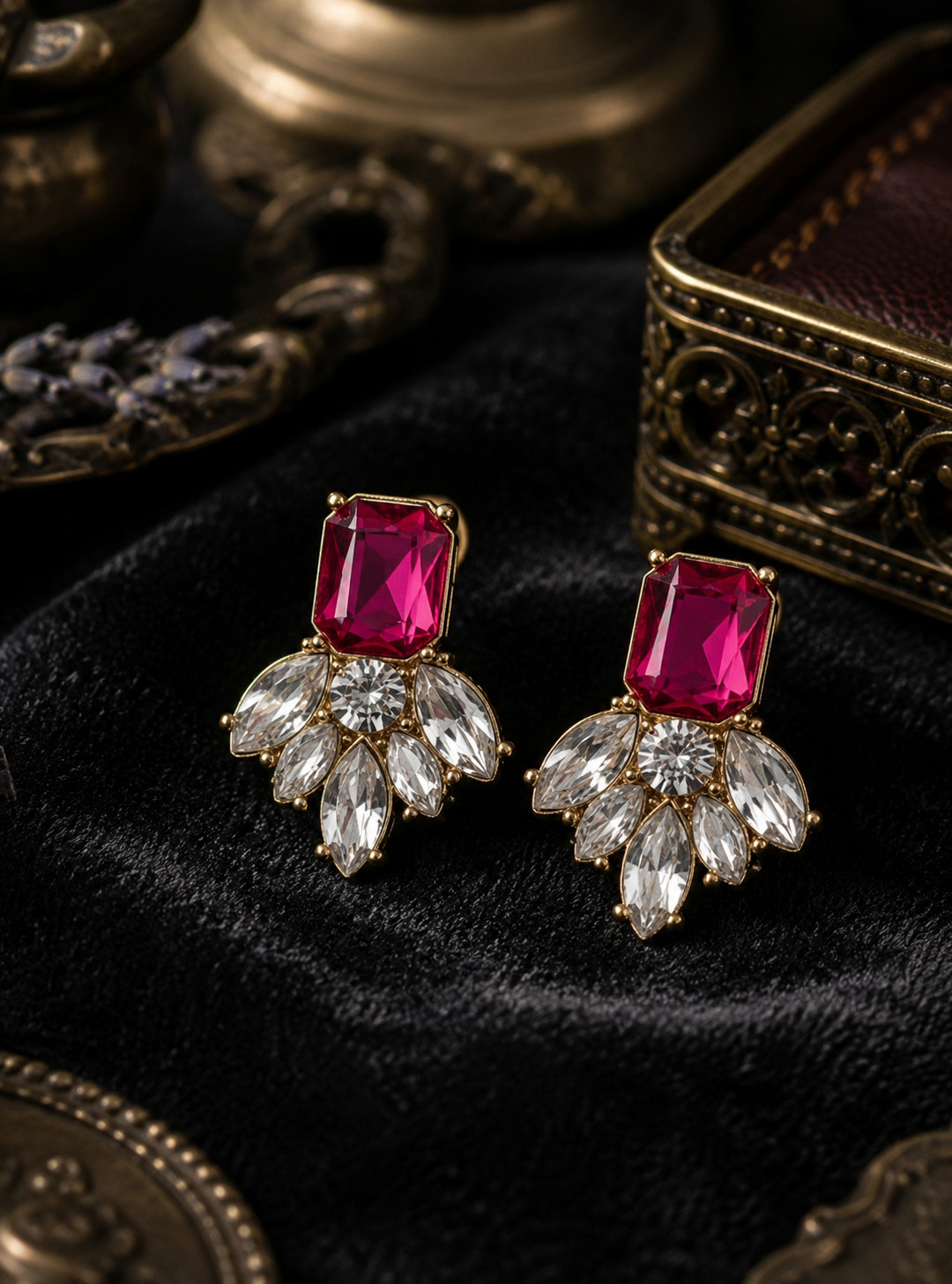 Fuchsia Gemstone Rhinestone Geometric Flower Elegant Stud Earrings