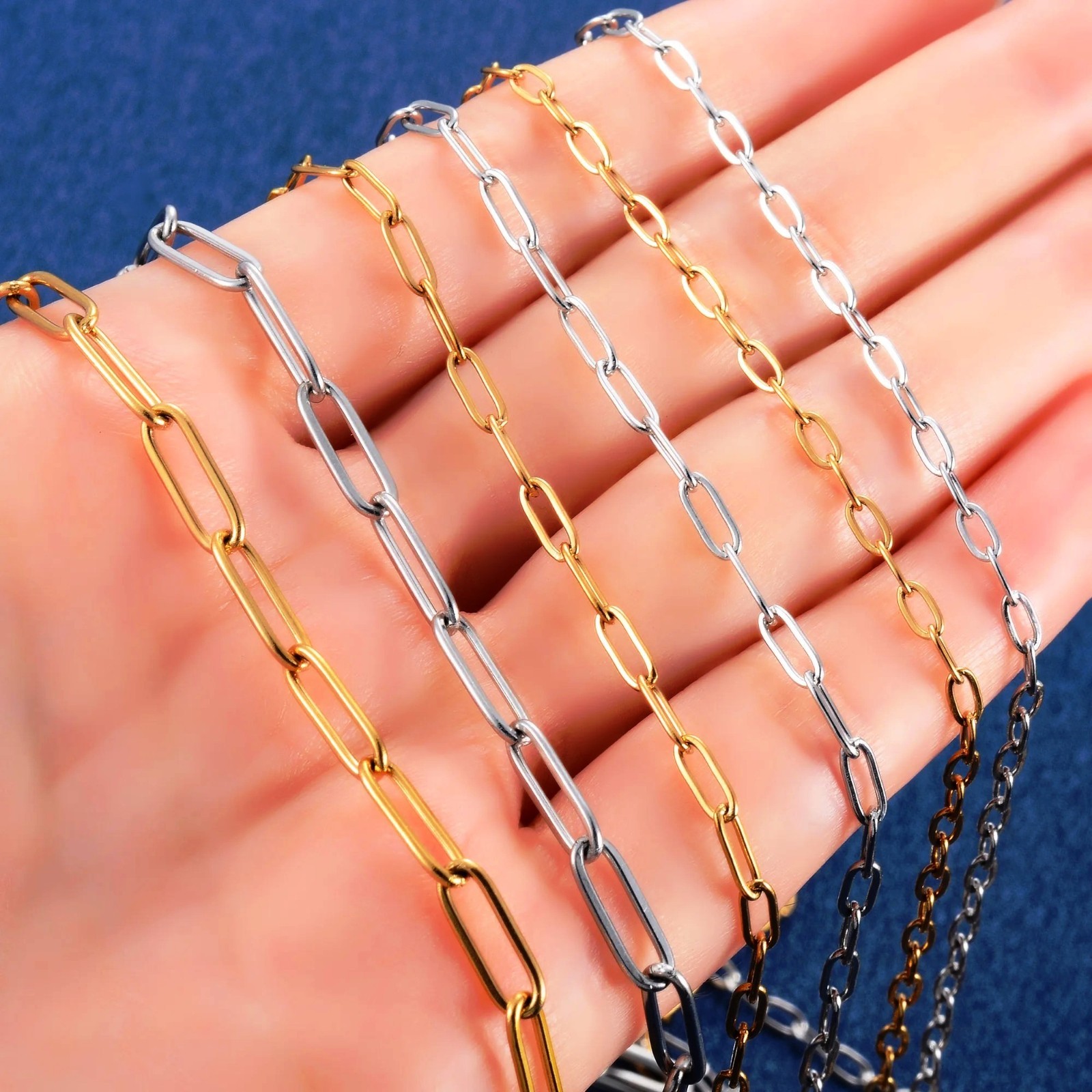 Paper clip necklace silver/gold color for women men, chains stainless steel
