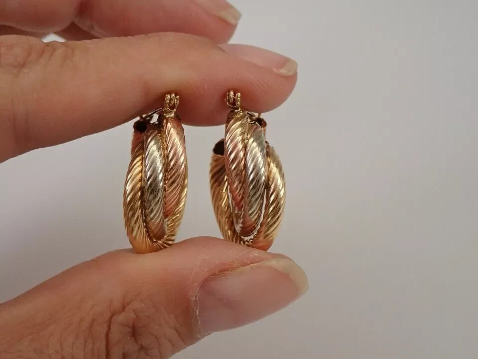 14K Yellow Rose White Gold Plated Silver TRI COLOR Hoop Earrings