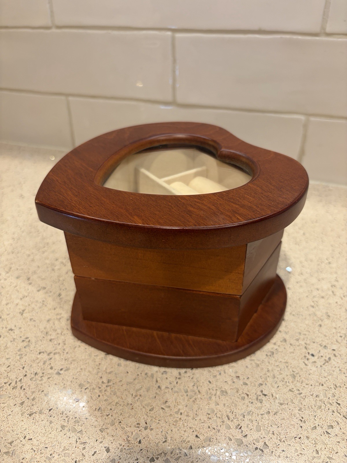 Heart Shaped Wooden Jewelry Box w/ Glass Lid, Velvet Lined Interior
